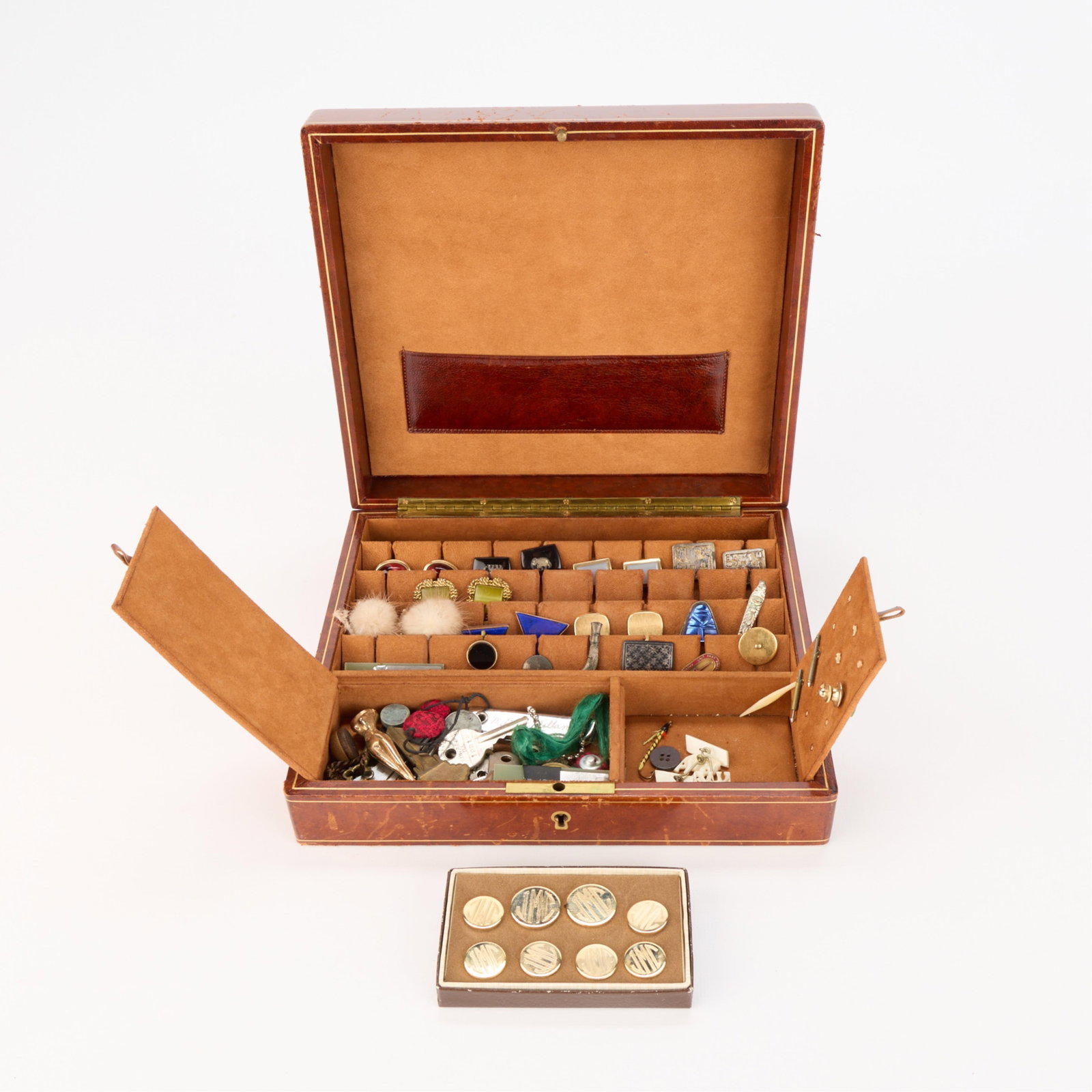 Leather Box w Mens Accessories Cufflinks Tie Tacks: Leather box with sterling & base metal mens accessories, including cufflinks, tie tacks and dress studs. (Shipping dimensions) Height: 2 1/2 in x width: 9 in x depth: 7 1/2 in.