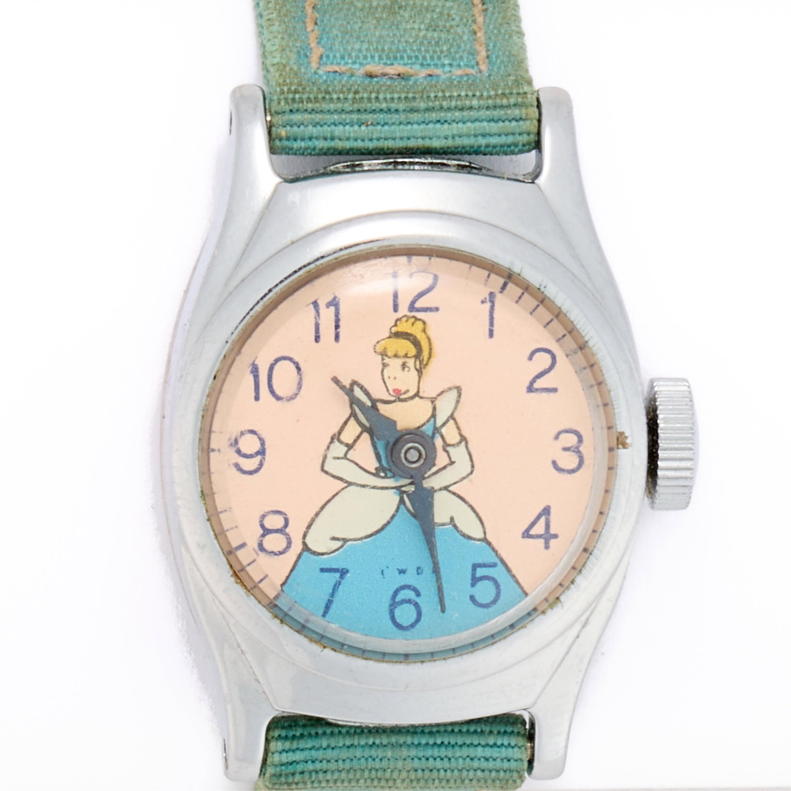 1950s Vtg US Time Disney's Cinderella Wrist Watch: Vintage US Time Cinderella wristwatch with a teal wristband and pink dial featuring a depiction of the Disney princess, ca. 1950s. Length: 6 1/2 in.