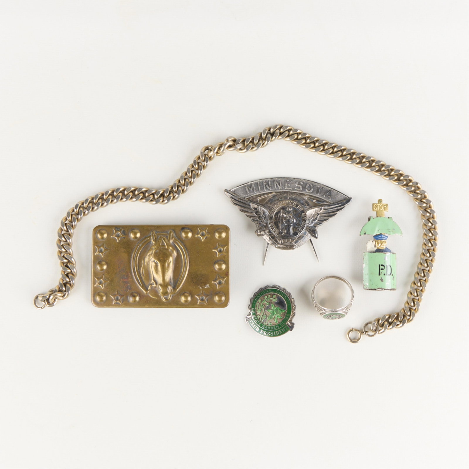 6 Pcs Misc. Vintage Jewelry Incl. Minnesota Brooch: Group of six pieces of assorted vintage jewelry. Including: one Grouse Co. sterling Civilian Conservation Corps ring, marked "Grouse Co." and sterling along the band; one L.G. Balfour Company sterling