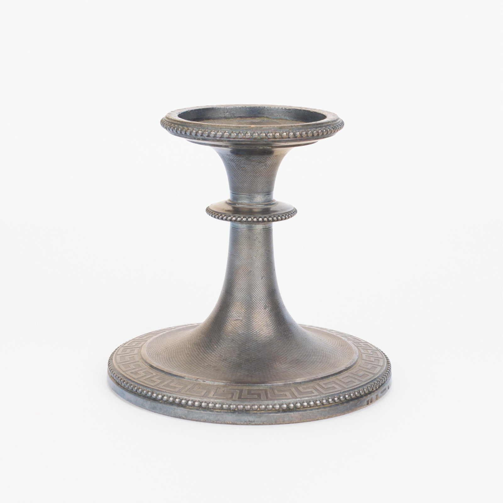 Christofle No. 31 Silverplate Dessert Stand Compote: Christofle, France. Silver plate dessert stand pedestal or comport vessel with Greek key border and beaded rim. Impressed "Christofle," numbered "31," and further marked along the footrim. Height: 5