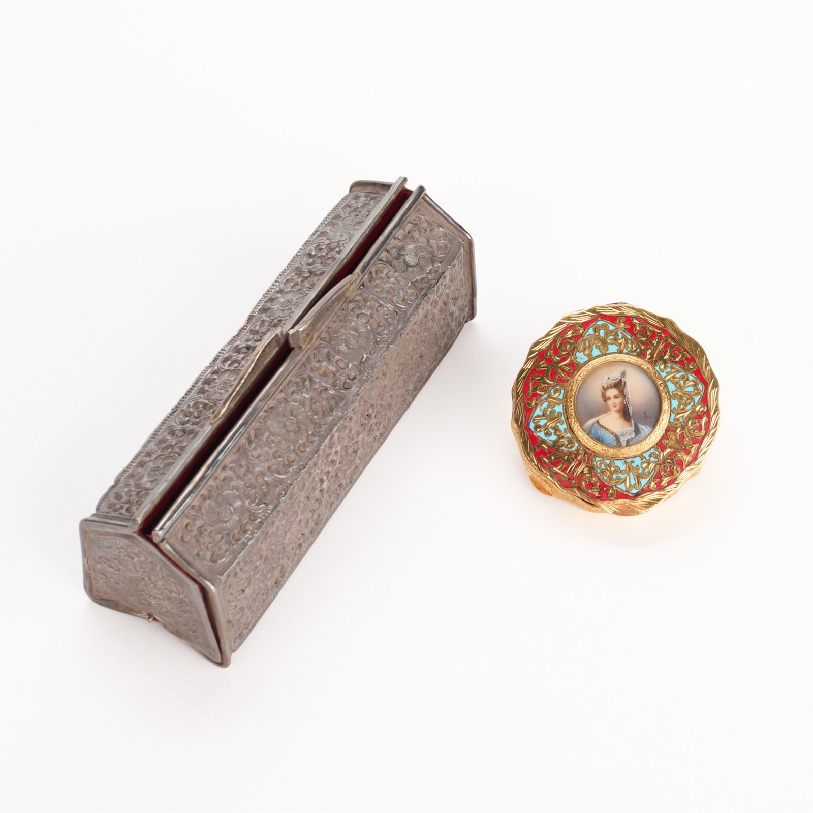 Gold & Enamel Compact & Silver Rectangular Minaudiere: Including one gold and enamel rounded compact with a hand-painted portrait along the lid and mirror along the interior, and a silver rectangular minaudiere, similar in style to Godinger Silver Art