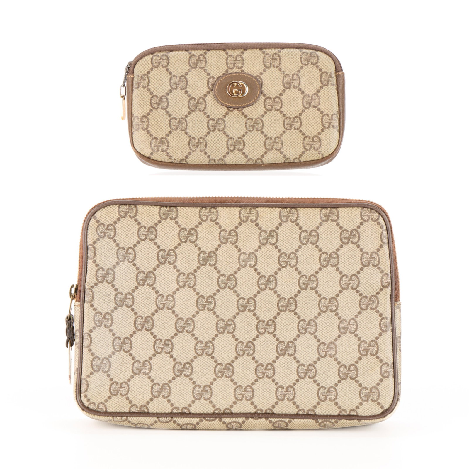 Gucci Coin Purse & Imitation Pouch: Gucci, Italy. Coin purse with GG Supreme canvas, interior leather label with serial number 039.89.0214. Imitation Gucci zip pouch, without interior label or serial number. (Clutch) height: 7 in x