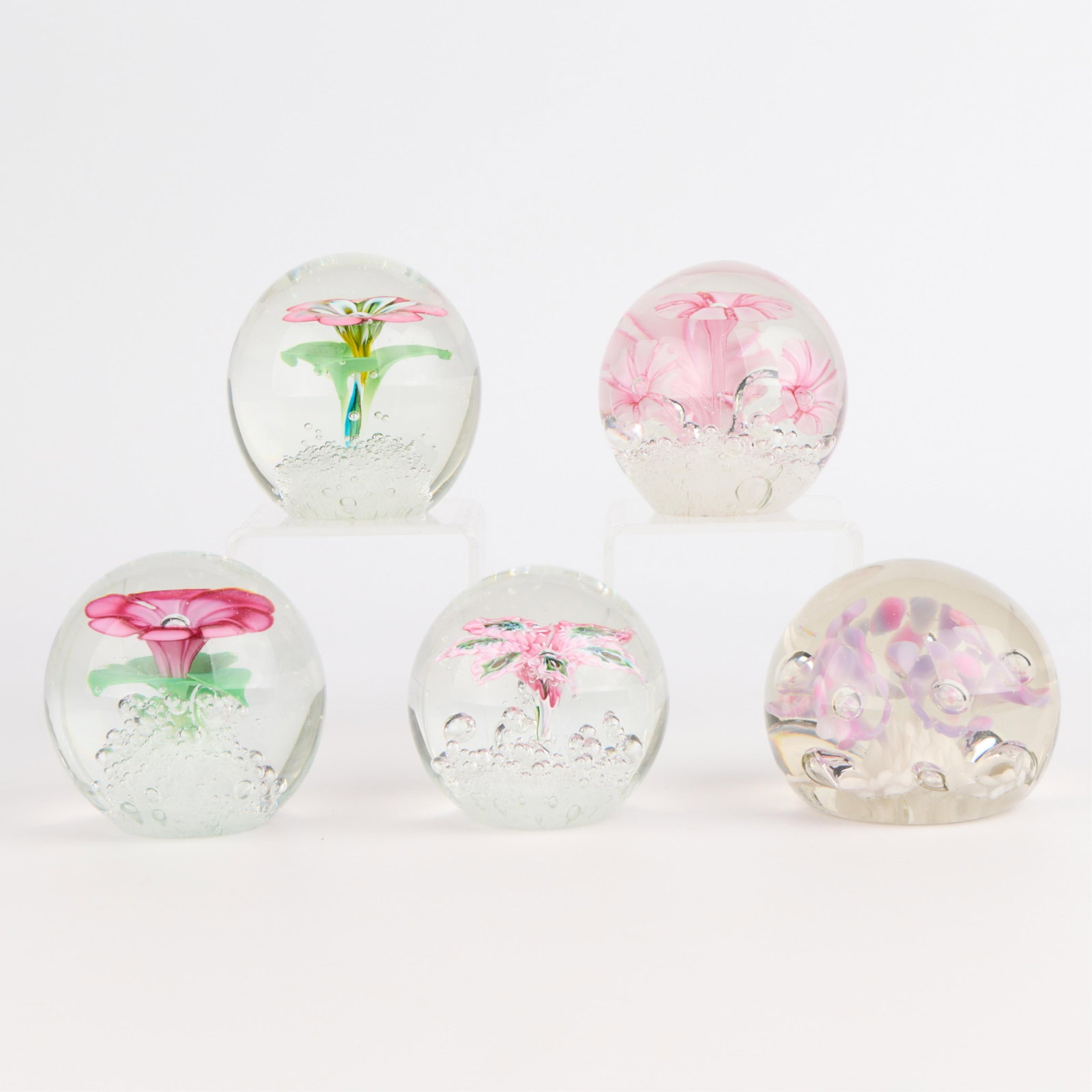 5 Murano-Style Pink Floral Art Glass Paperweights (1 of 4)