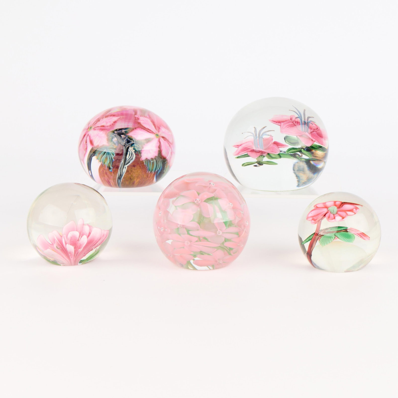 5 Pink Floral Art Glass Paperweights (1 of 8)