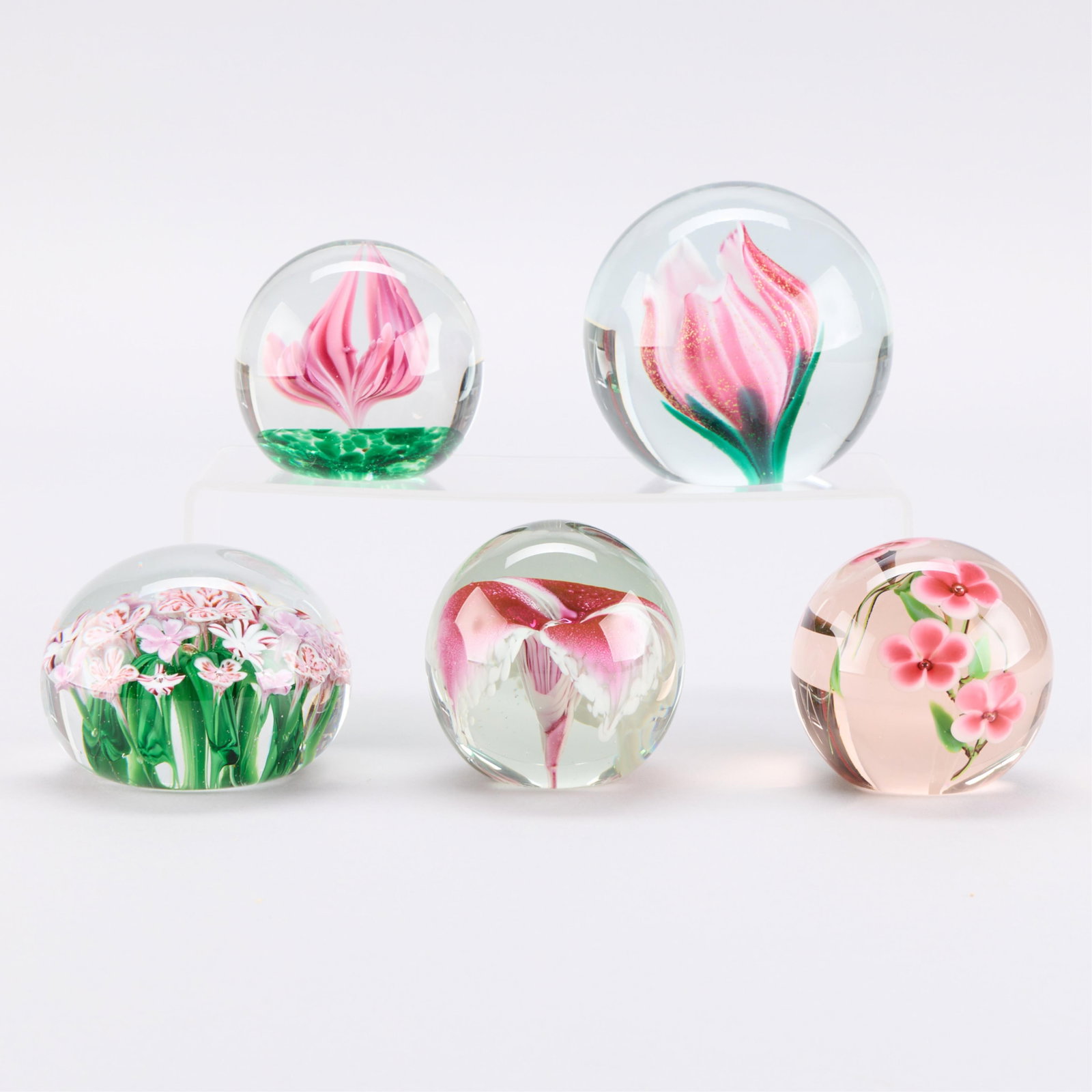 5 Pink Floral Art Glass Paperweights (1 of 8)