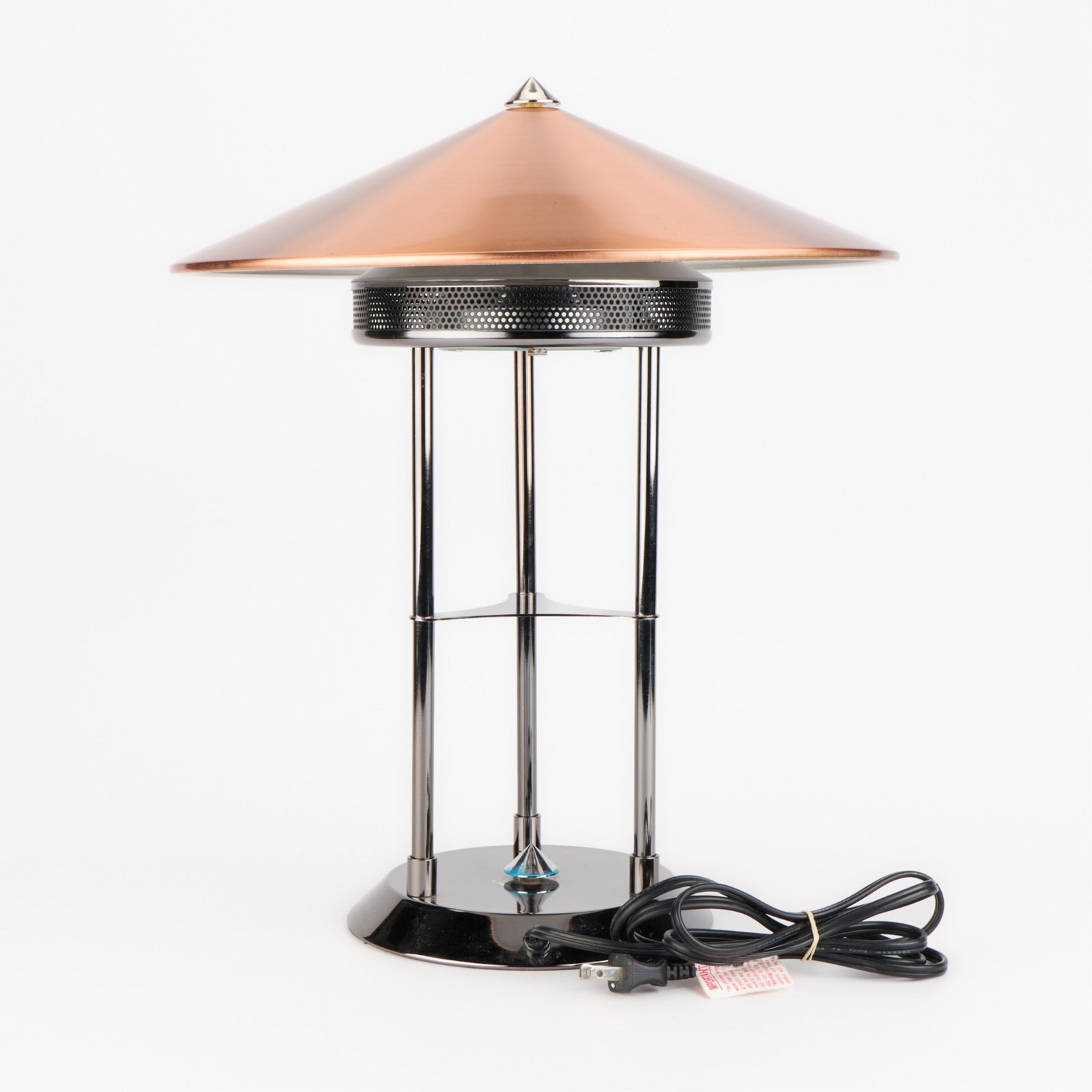 Vintage Postmodern Copper "Flying Saucer" Table Lamp: Vintage postmodern "UFO" or "Flying Saucer" table lamp with satellite form copper shade above chromed metal frame and conical dimmer switch. Height: 17 3/4 in x diameter: 15 in.