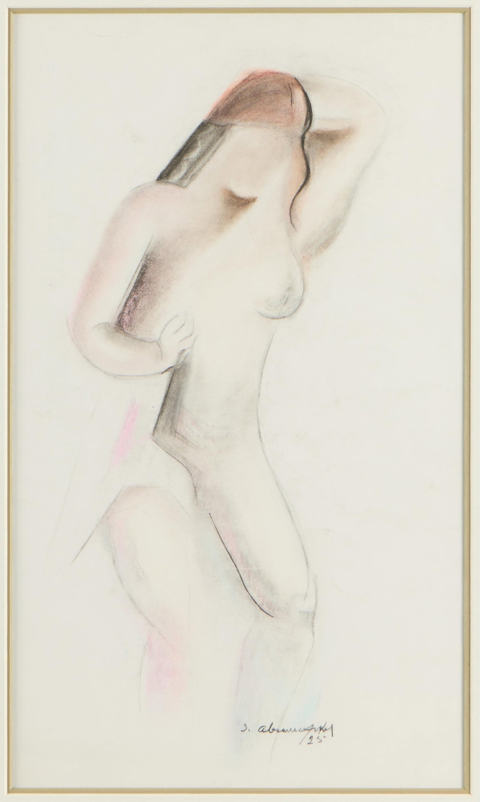 Israel Abramofsky Art Deco Nude Drawing 1925: Israel Abramofsky (Russian, 1888-1975). Graphite and pastel drawing on paper depicting a nude woman in the Art Deco style, 1925. Signed and dated along the lower right. Height: 26 1/2 in x width: 18 1