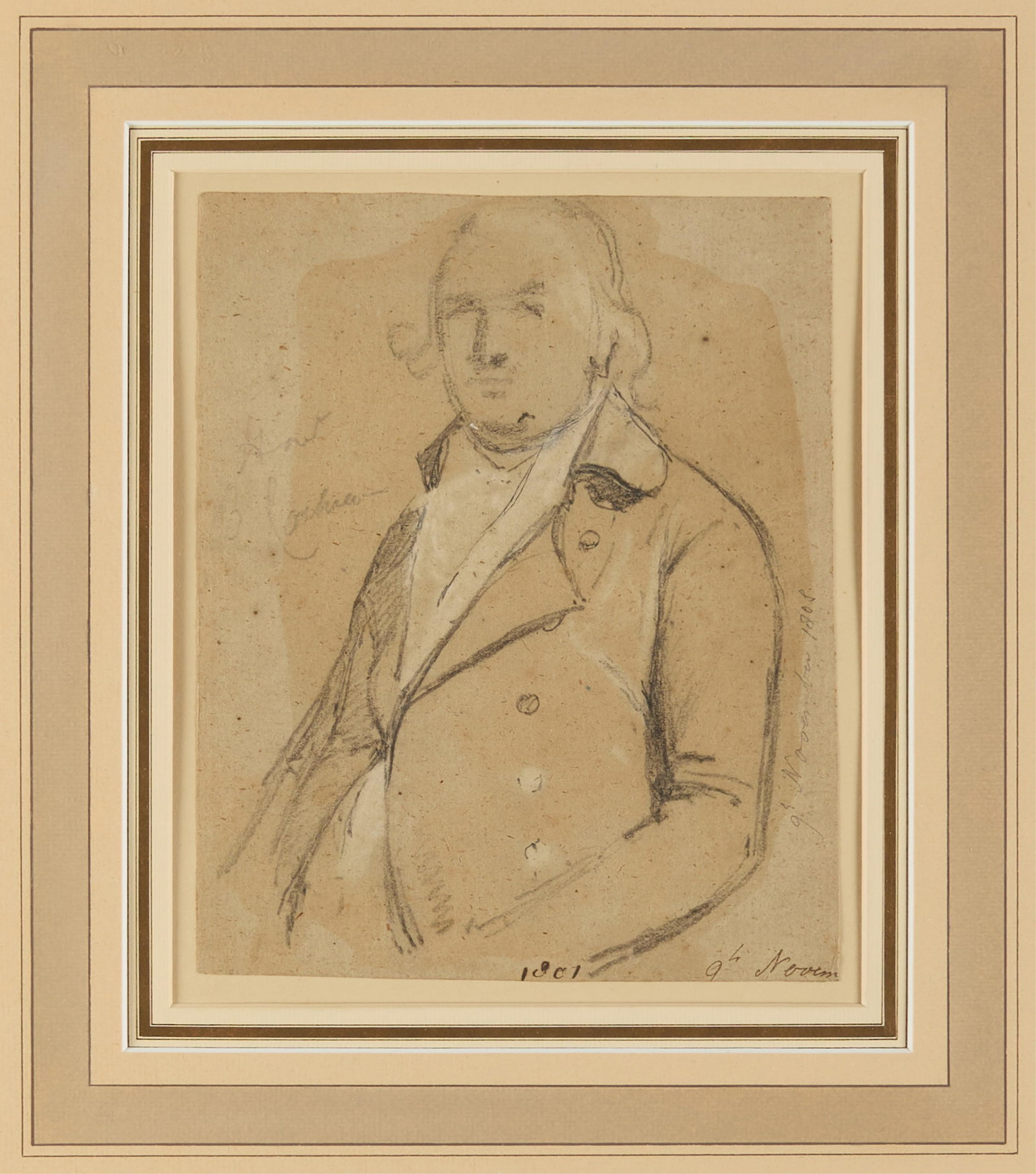 Signed Graphite & Watercolor Portrait ca. 1801: Mixed media graphite and watercolor portrait of a gentleman. Possibly dated 9 November 1801 along the lower margin and lower right edge, possibly pencil signed or titled illegibly along the central le
