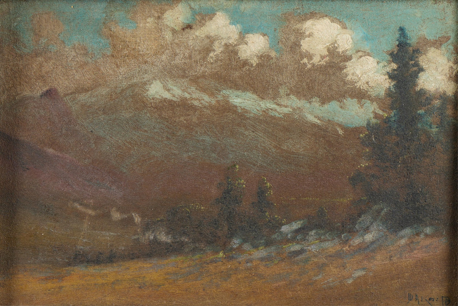 Signed Mountain Landscape O/C Painting: Oil on canvas painting depicting a mountainous forested landscape scene. Signed illegibly along the lower right. Height: 9 3/4 in x width: 13 3/4 in x depth: 1 1/2 in.