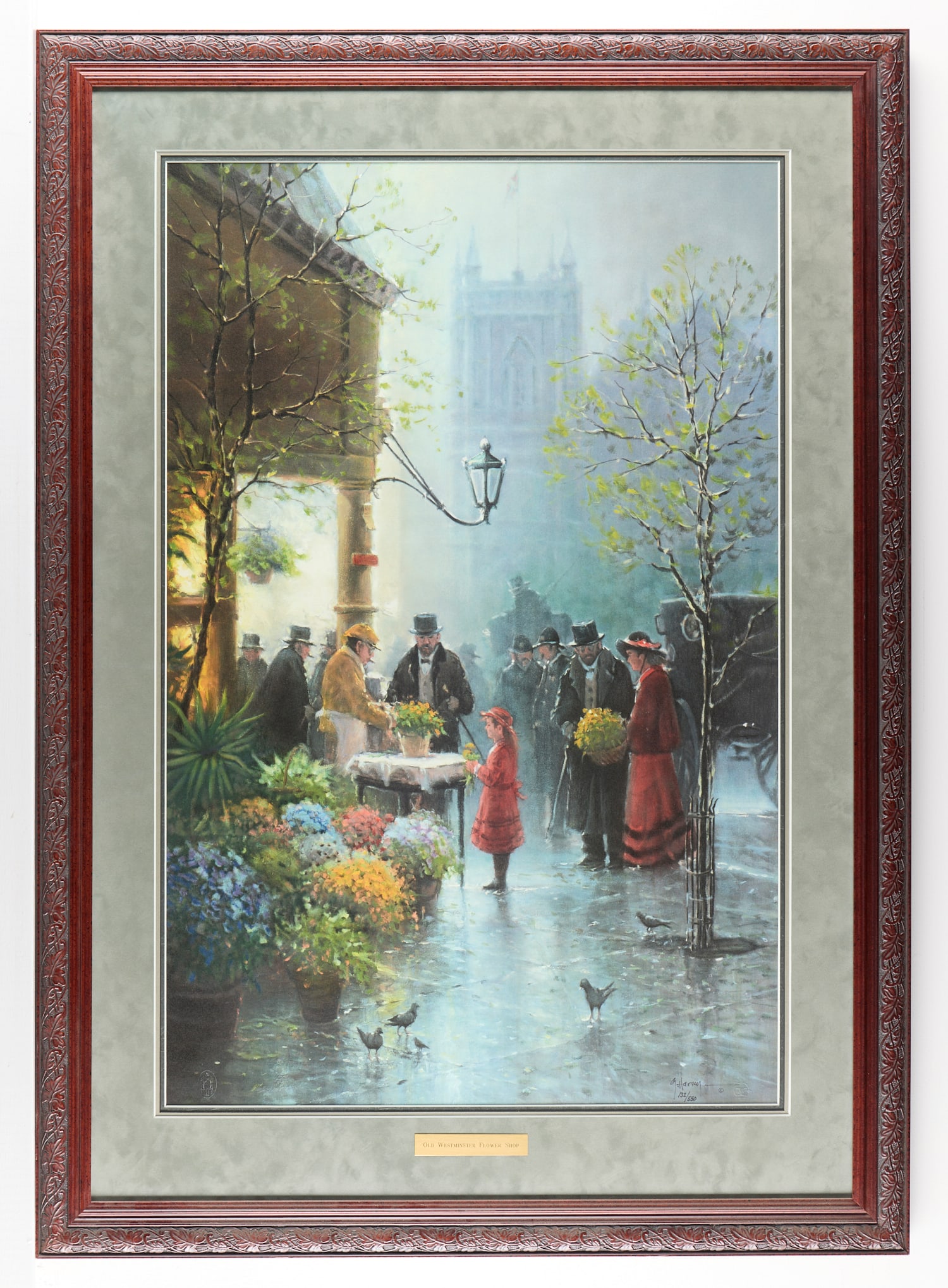 G. Harvey "Old Westminster Flower Shop": Gerald Harvey "Old Westminster Flower Shop," depicting a young girl, amongst other townsfolk, visiting her local flower shop in Westminster, England. Signed, editioned 132/550, and blind stamped along