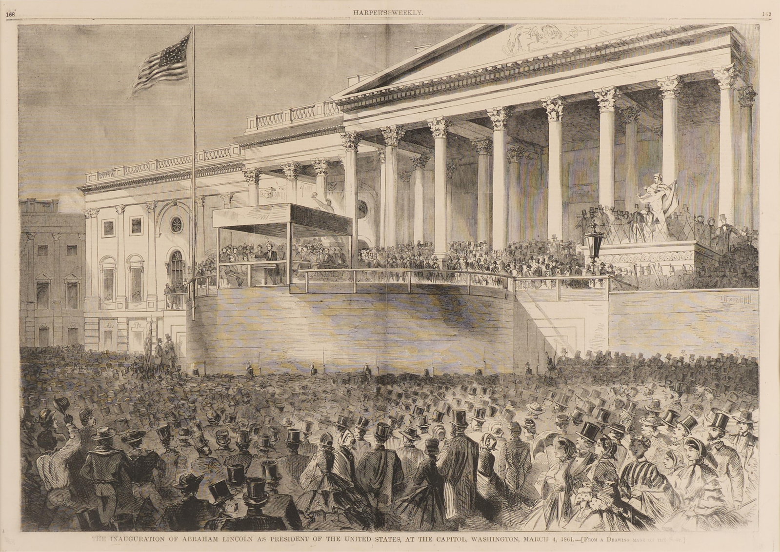 Winslow Homer "Inauguration of Lincoln" Print: Winslow Homer (American, 1836-1910). Wood engraving printed on newsprint titled "The Inauguration of Abraham Lincoln as President of the United States, at the Capitol, Washington, March 4, 1861." Orig