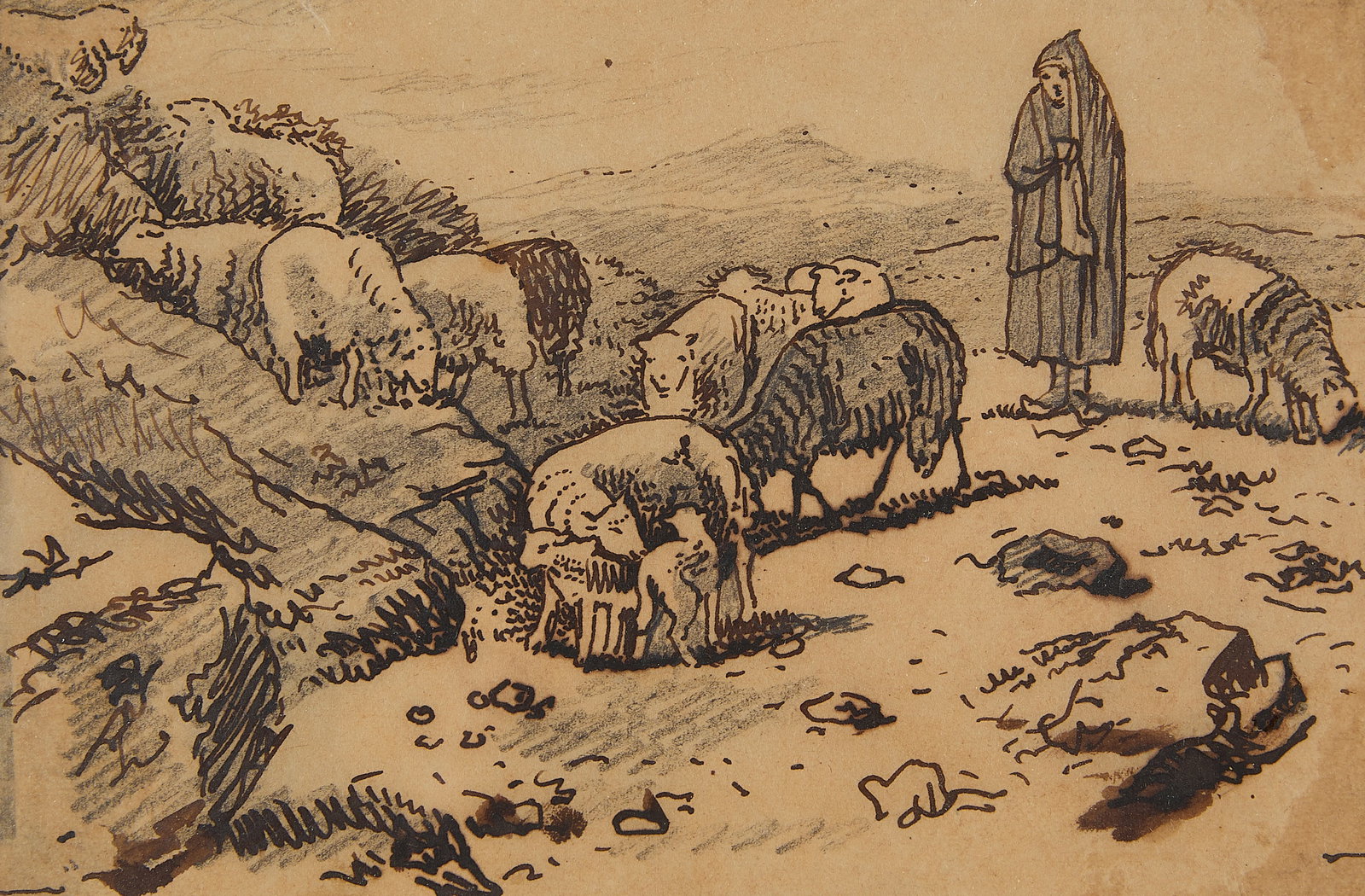 Shepherd & Sheep Flock Ink Drawing (1 of 4)