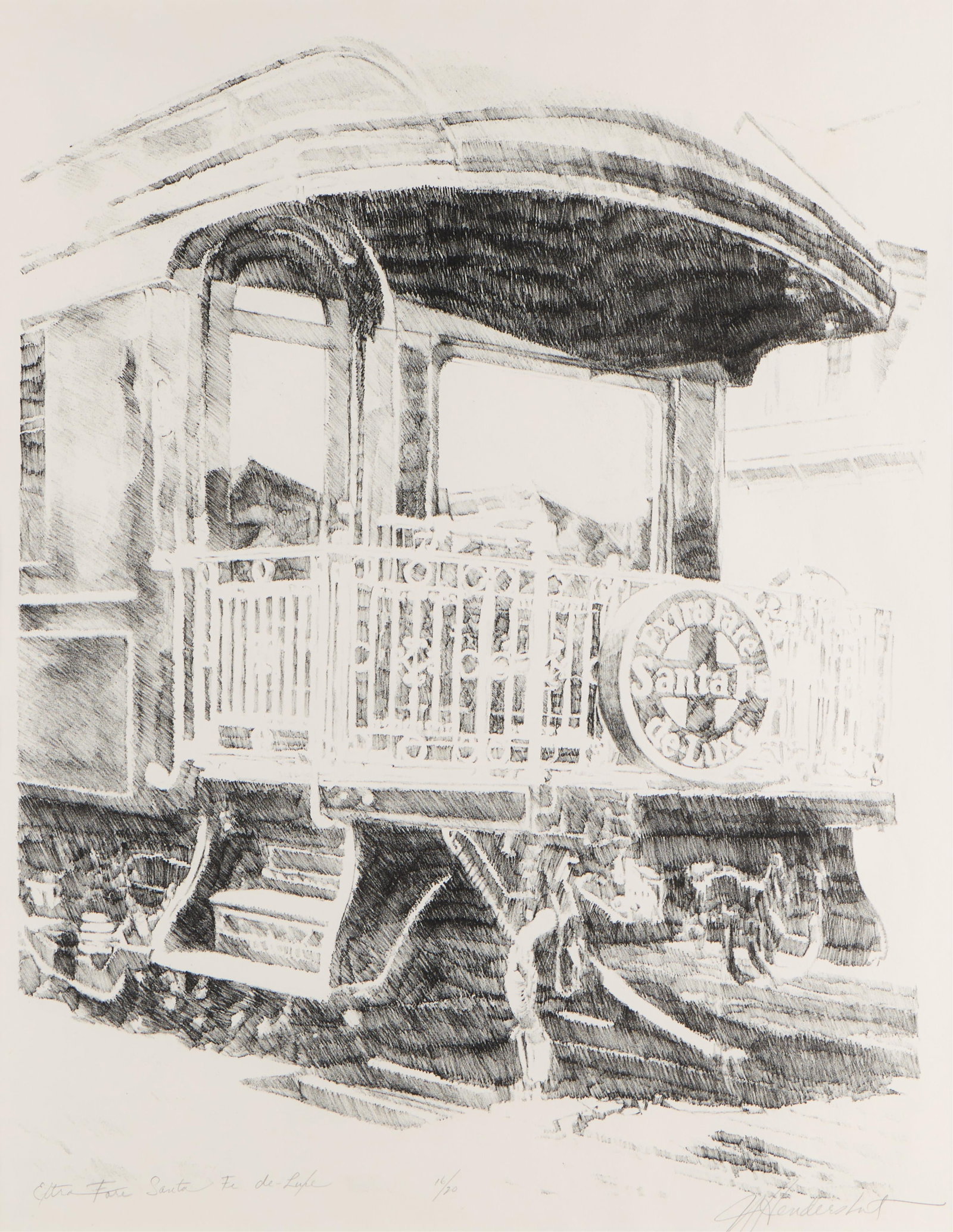 J. Hendershot "Extra Fare, Santa Fe de-Luxe" Print: James L. Hendershot (American, b. 1941). Lithograph print on paper titled "Extra Fare, Santa Fe de-Luxe." Depicting the detailed front of a trolley car resting on the tracks. Pencil titled along the l