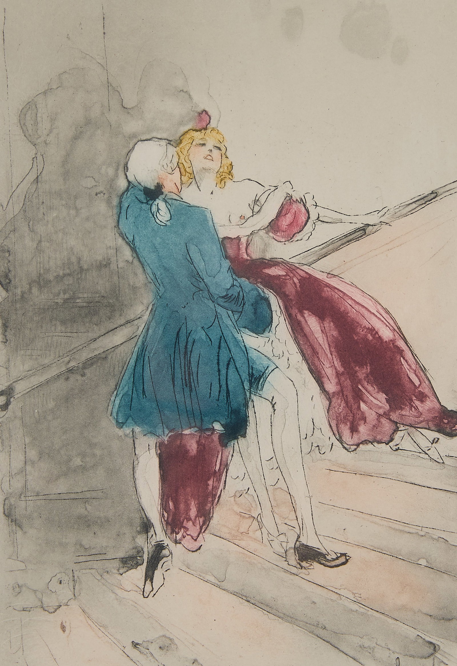 Louis Icart "Swept Away" Color Etching 1946: Louis Icart (French, 1888-1950). Color etching on paper titled "Swept Away" from the "The Night and the Moment (La Nuit et le Moment)" suite, 1946. Depicting an erotic scene. Signed along the lower