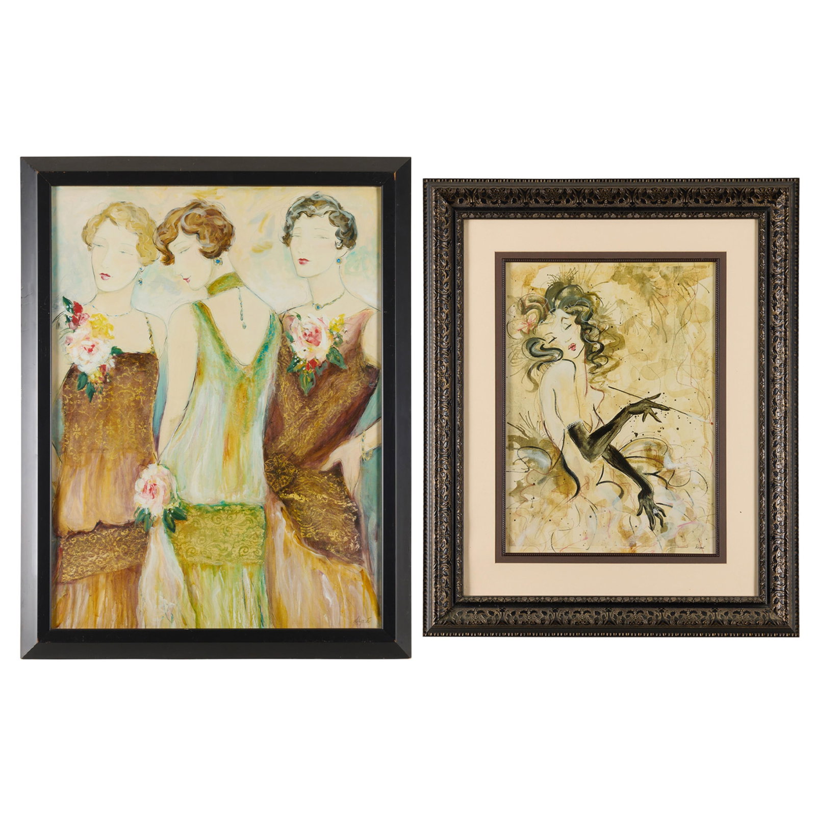 Karen Dupre "Caprice VI" & Trois Bijoux II" Prints: Two prints depicting art deco-style women. Titled "Trois Bijoux II" and "Caprice VI." Each signed along the lower right. (Smaller) Height: 34 in x width: 27 1/2 in x depth: 1 1/2 in. (Larger) Height: