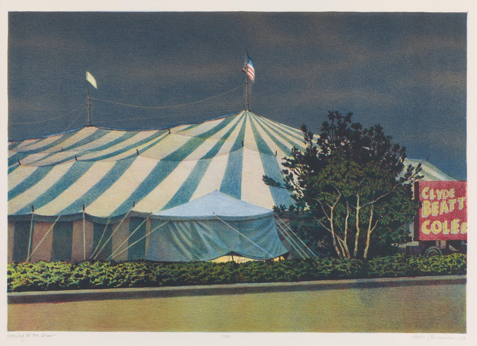 Keith Rasmussen "Evening at the Circus" Print 1979: Keith Rasmussen (American, 1948-2006). Lithograph print on paper titled "Evening at the Circus," 1979. Depicting a blue and white circus tent under the night sky. Pencil titled and numbered 11/90 alon