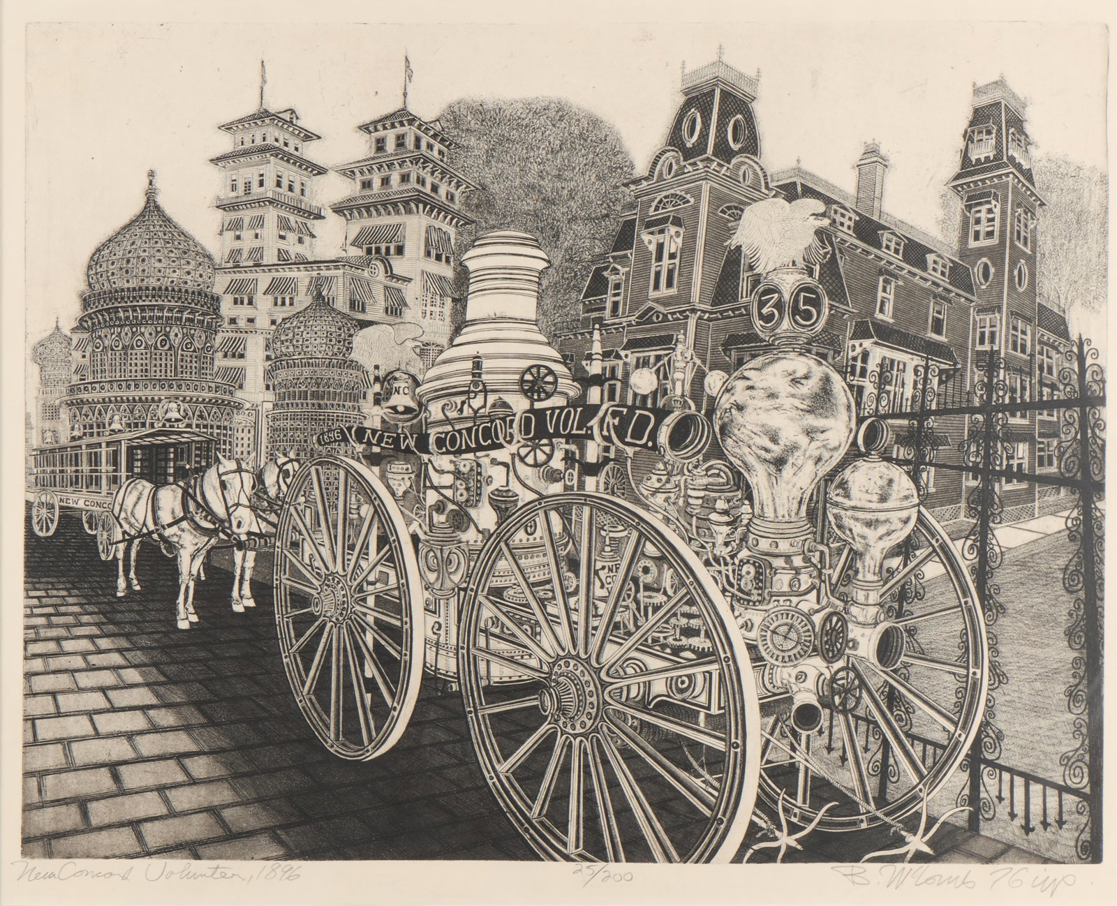 Bruce McCombs "New Concord Fire Dept." Print 1976: Bruce McCombs (American, b. 1943). Etching print on paper titled "New Concord Volunteer Fire Dept.," 1976. Depicting an early version of a motorized fire truck on a city street. Pencil titled along