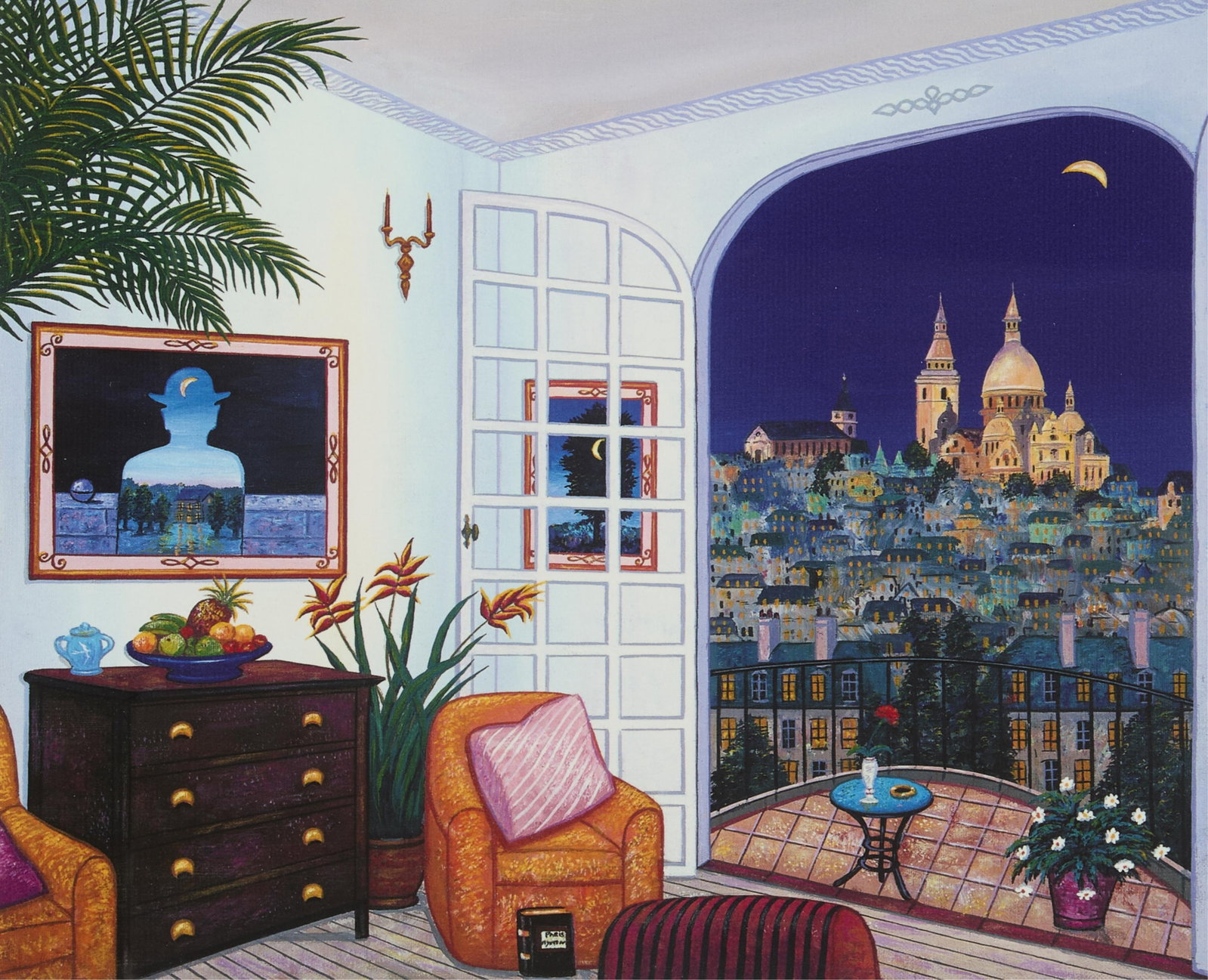 Fanch Ledan "Interior With Magritte" Serigraph Print: Fanch Ledan (French, b. 1949). Serigraph print titled "Interior With Magritte" depicting a sitting room with a Magritte work hanging on the wall. Pencil signed along the lower right, editioned