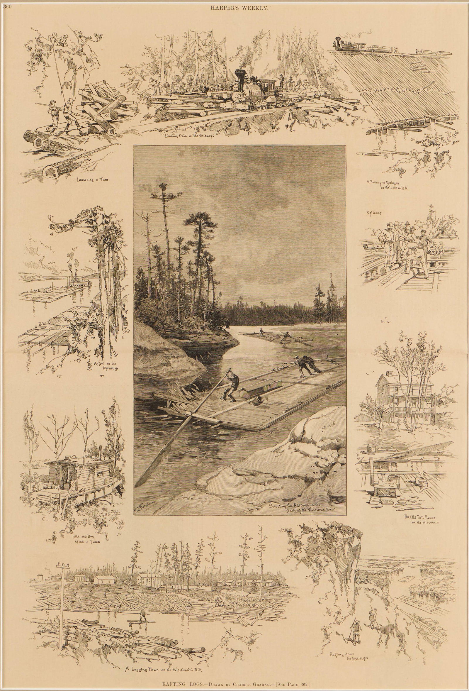 Charles Graham "Rafting Logs" Etching: Charles Graham (American, 1852-1911). Etching printed on newsprint titled "Rafting Logs." Depicting loggers timber rafting down a river. Title and signature in print along the the lower center. Publis