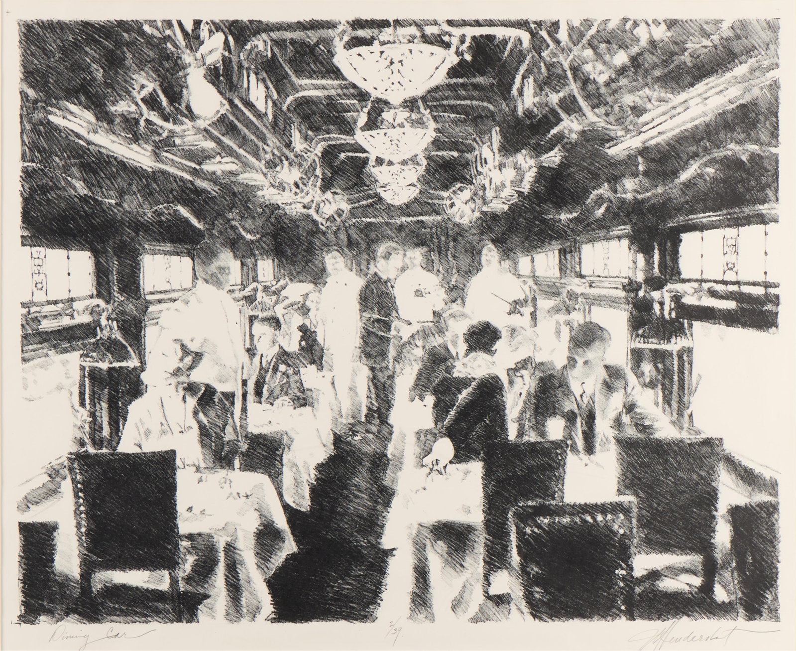 James L. Hendershot "Dining Car" Lithograph: James L. Hendershot (American, b. 1941). Lithograph print on paper titled "Dining Car." Depicts a lively scene inside of a dining car. Pencil titled along the lower left; numbered 2/39 along the