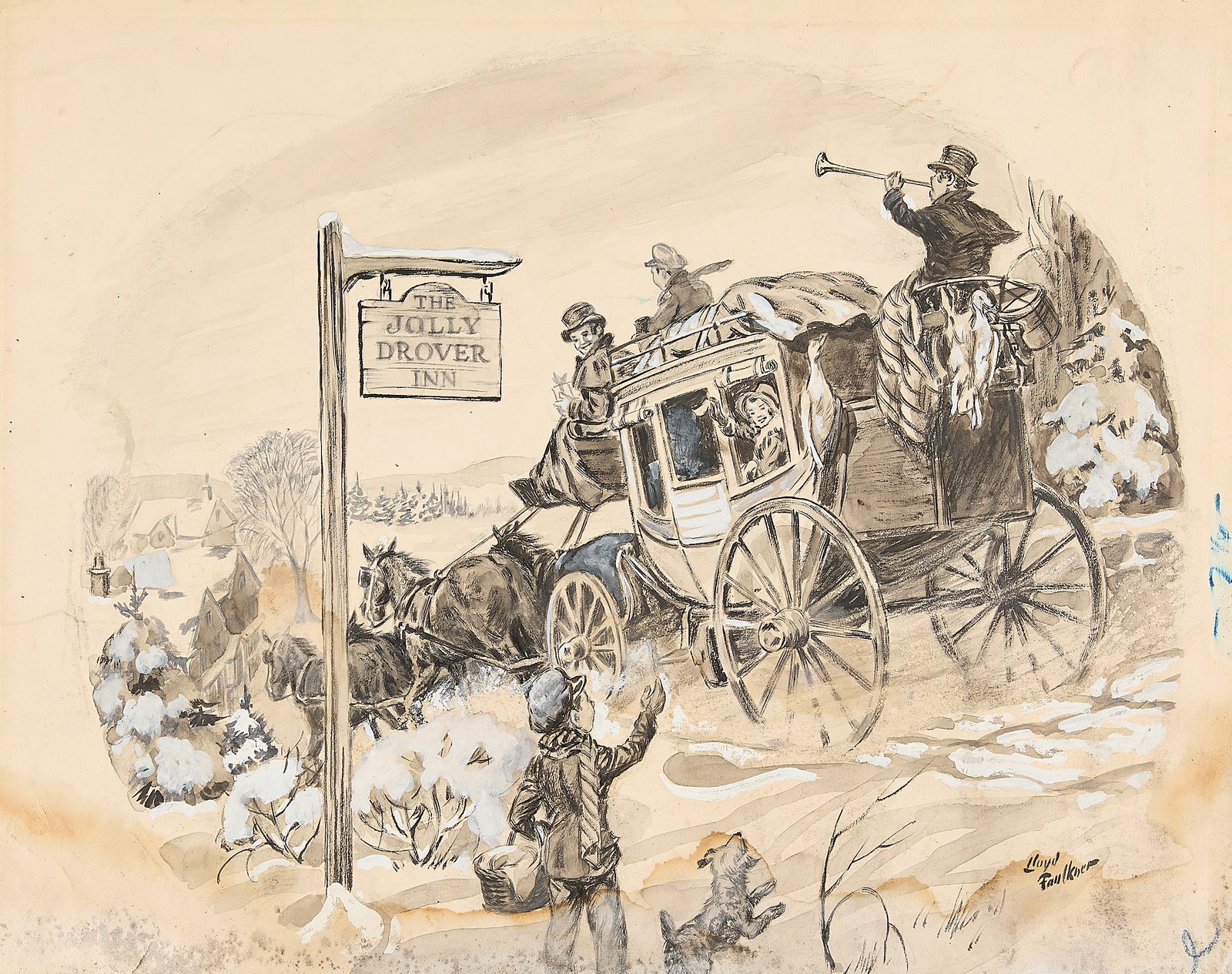 Lloyd Faulkner "Christmas Illustration" Painting: Lloyd Faulkner (American, 1892-1972). Oil painting on paper titled "Christmas Illustration," depicting a joyful caravan driving past a young boy who stands beside a sign reading, "The Jolly Drover