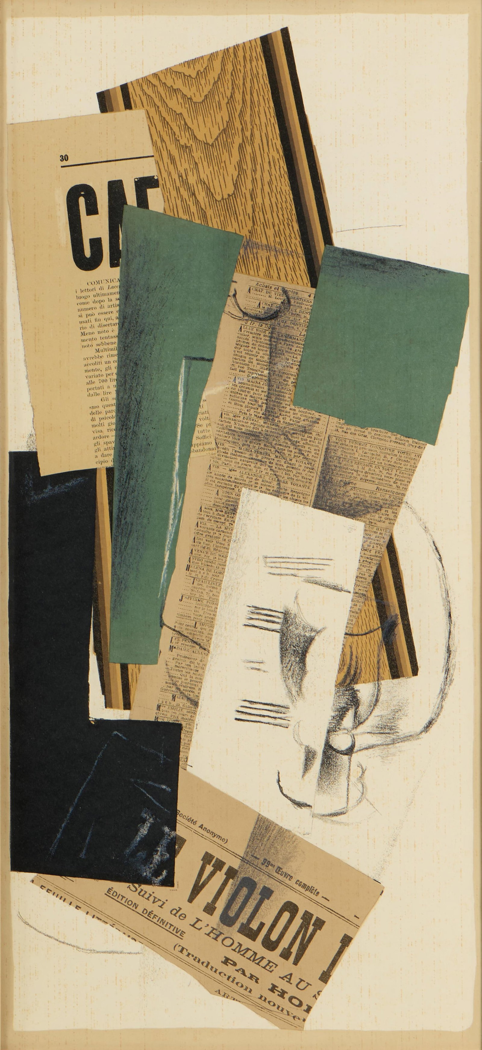 George Braque "Le Violon" Galerie Maeght Print: Print of a collage with a headline reading "Le Violon." Height: 31 1/2 in x width: 16 in x depth: 1 3/4 in.