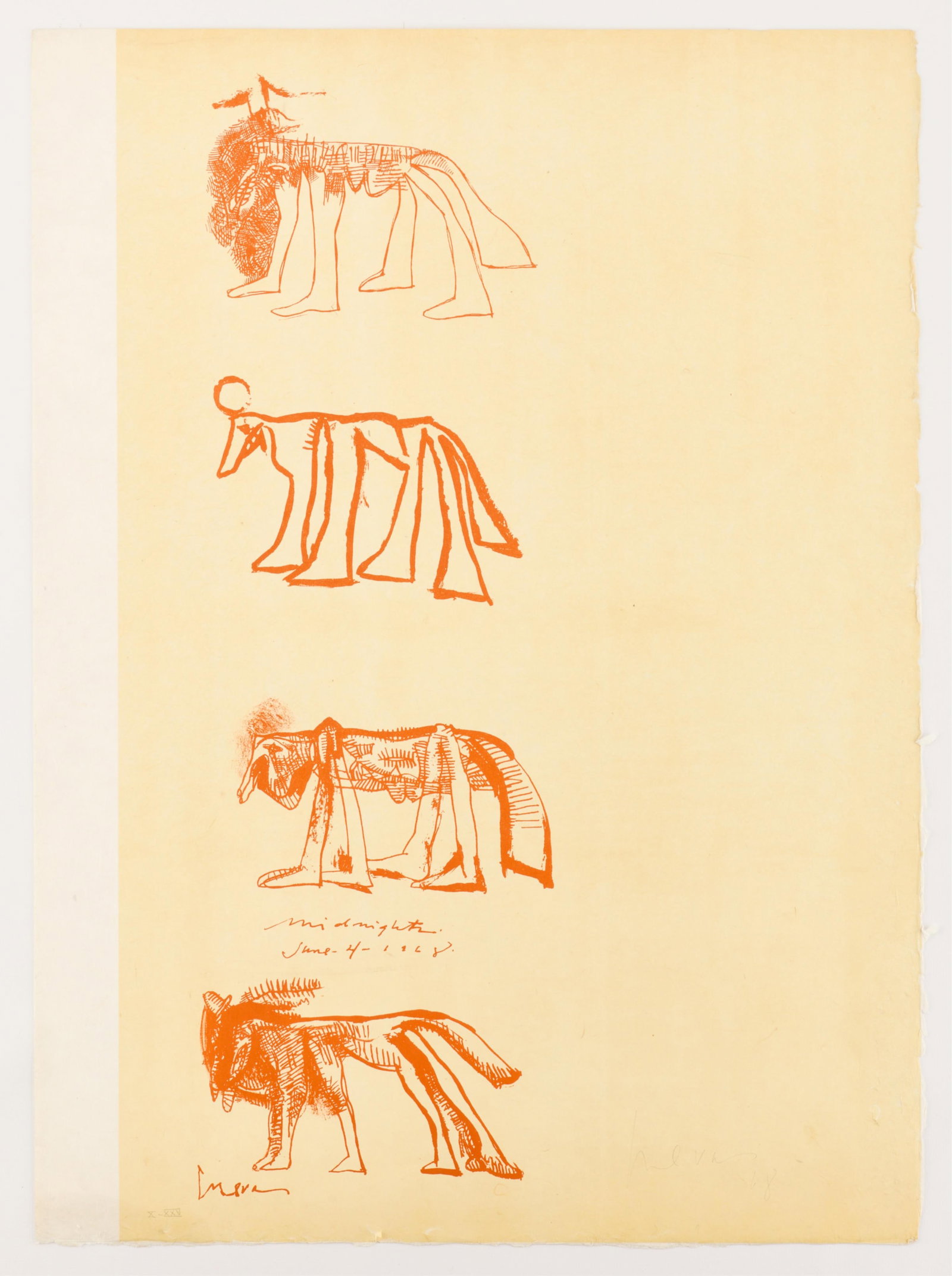 Jose Luis Cuevas "Four Animals" Lithograph: Jose Luis Cuevas (Mexican, 1934-2017). Lithograph print on paper depicting four zoomorphic forms, 1968. Dated and inscribed "Midnights" along the lower left quadrant. Pencil signed along the lower