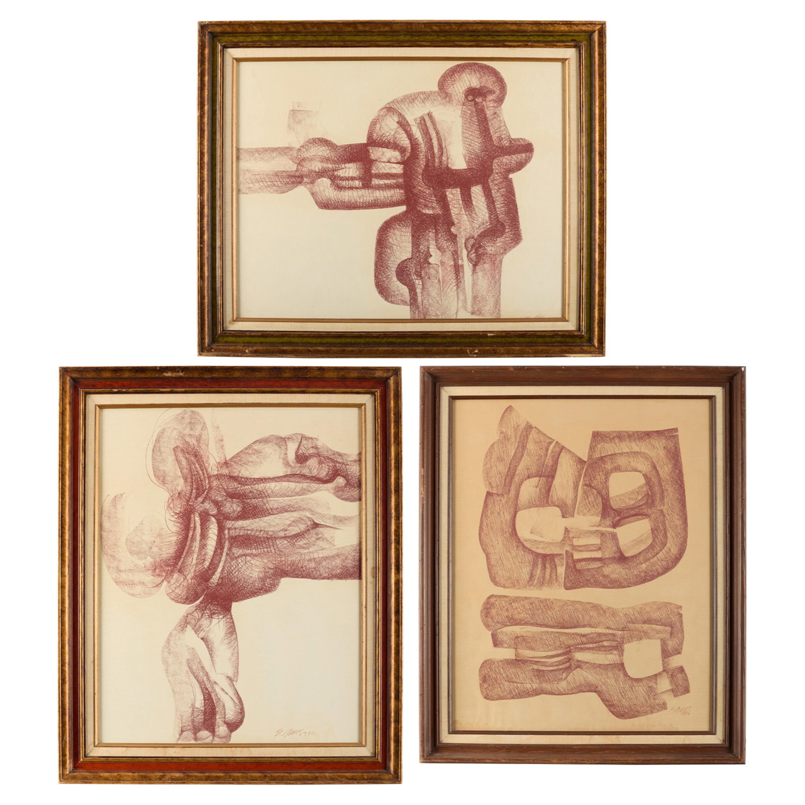 3 Enrique Rico Abstract Drawings ca. 1976: Enrique Rico (Mexican, b. 1956). Group of three red crayon or pastel on paper drawings depicting abstracted forms and figures. Two are pencil signed and dated 1976 along the lower right; the third is