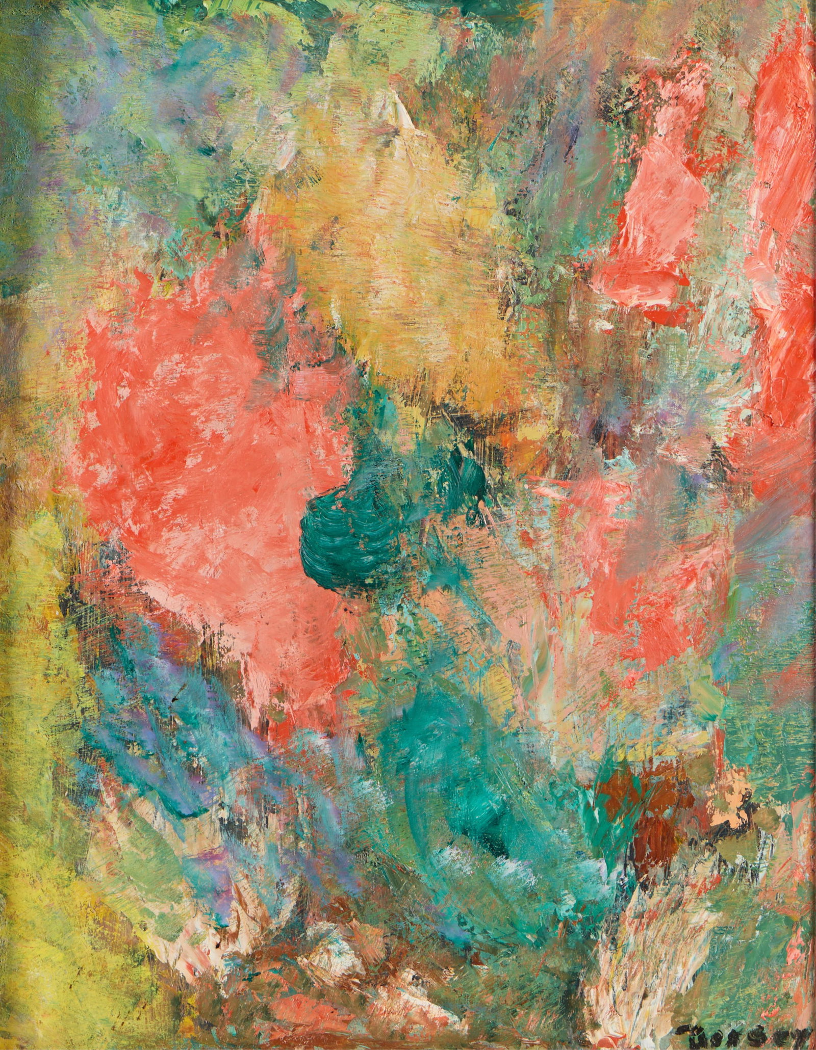 Signed Dorsey Abstract O/B Painting: Oil on board painting depicting vibrant abstract motifs. Signed "Dorsey" along the lower right. Height: 23 1/4 in x width: 19 in x depth: 1 1/2 in.