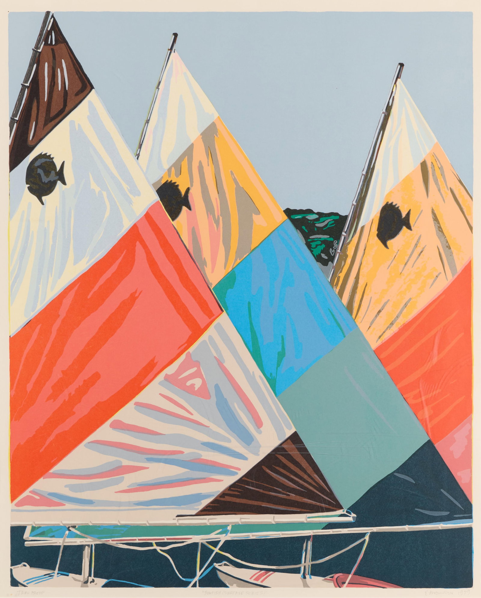 Eugene Hamilton "Sunfish" Serigraph 1979: Eugene Hamilton (American, b. 1947). Lithograph print on paper titled "Sunfish (Surface Series)," 1979. Depicting three boldly striped sailboat sails. Pencil signed and dated 1979 along the lower