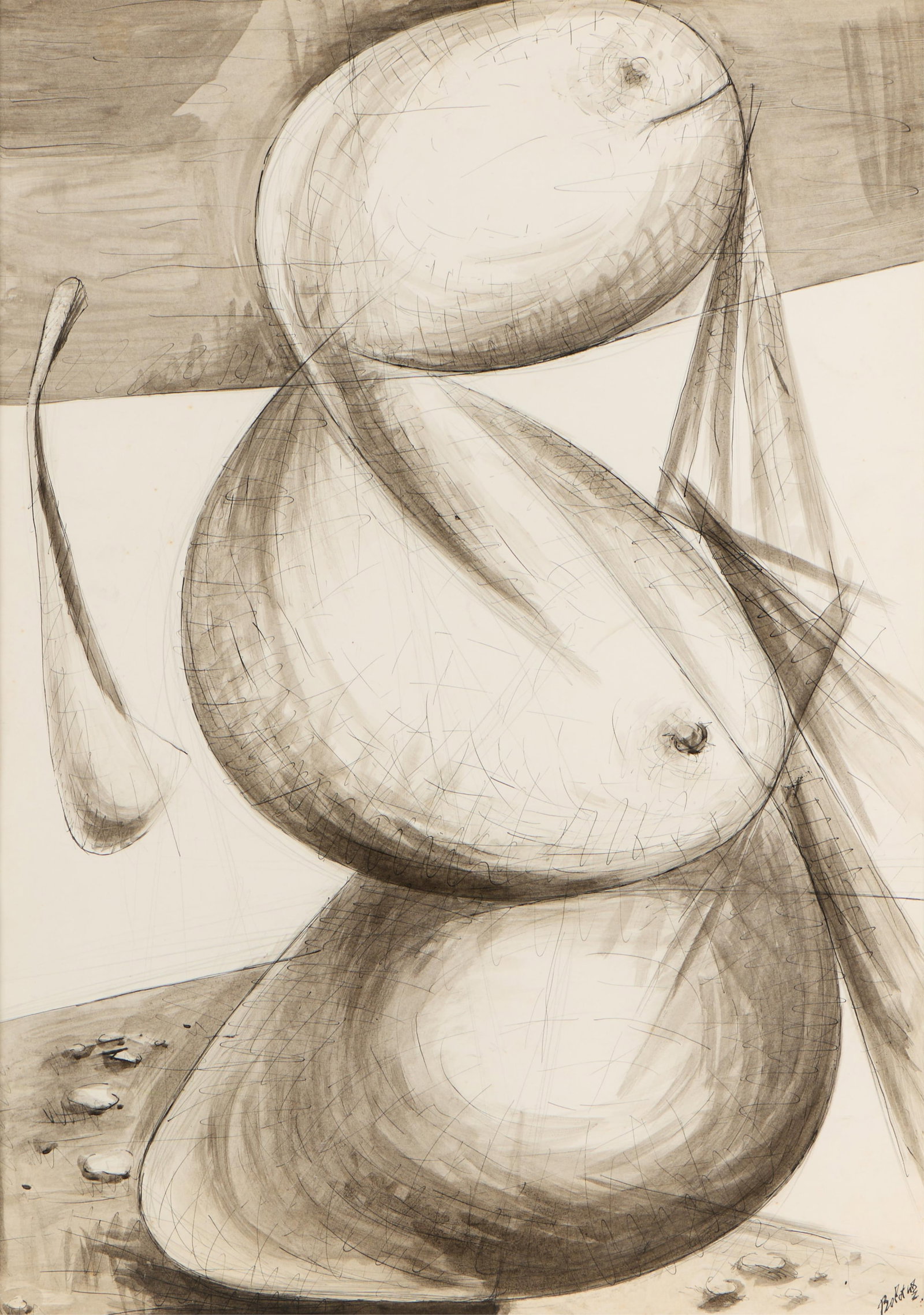 Paul-Louis Bolot Geometric Mixed Media Artwork 1968: Paul Louis Bolot (French, 1918-2003). Mixed media artwork on paper depicting abstract, geometric motifs, possibly fruits, 1968. Ink signed and dated along the lower right. Bolot was part of the modern