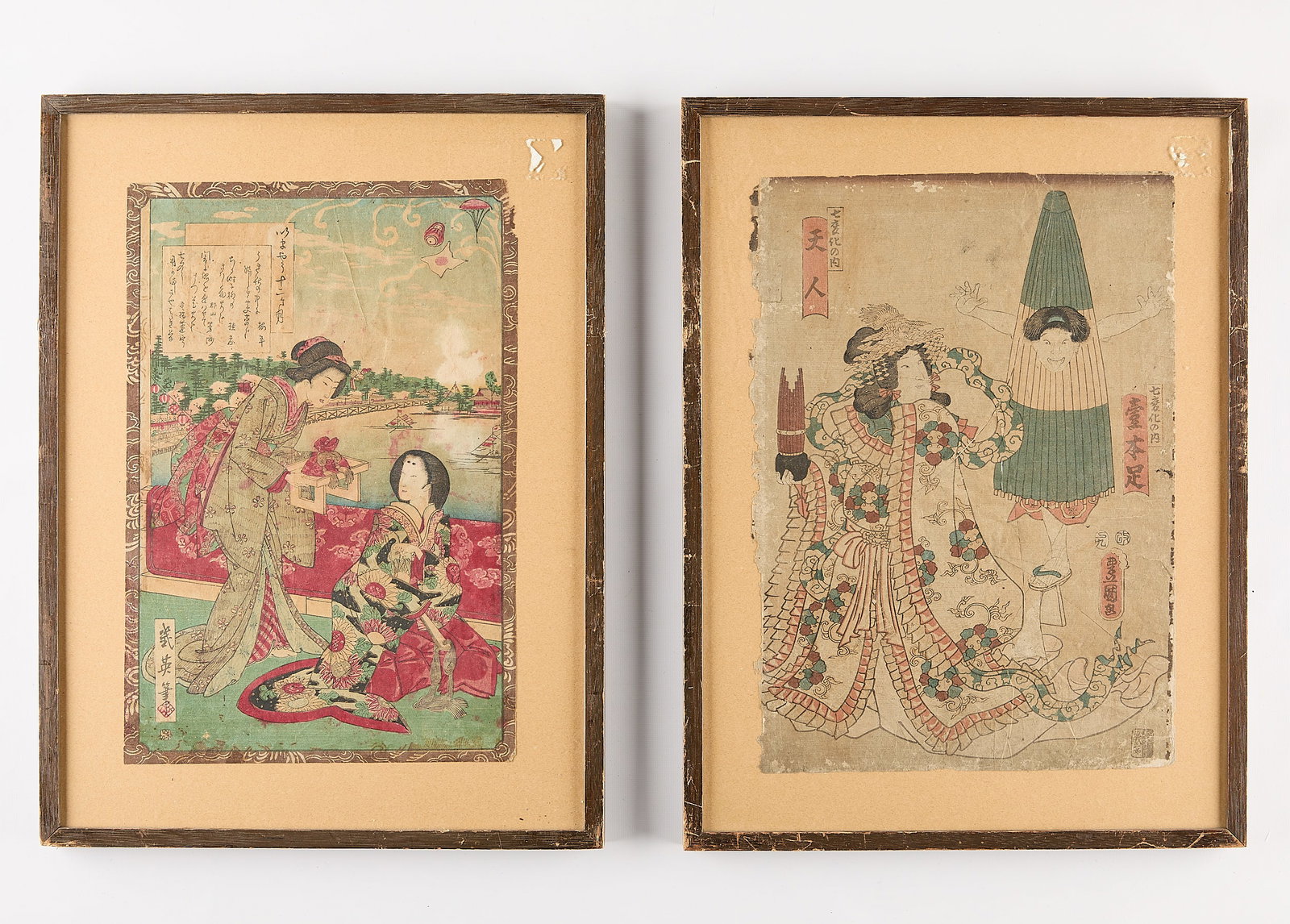 2 19th c. Japanese Woodblock Prints: Group of two Japanese woodblock prints, 19th century. Including: one print depicting to noble or elegant ladies in an interior scene; one Utagawa Kunisada/Toyokuni III (Japanese, 1786-1865) print depi