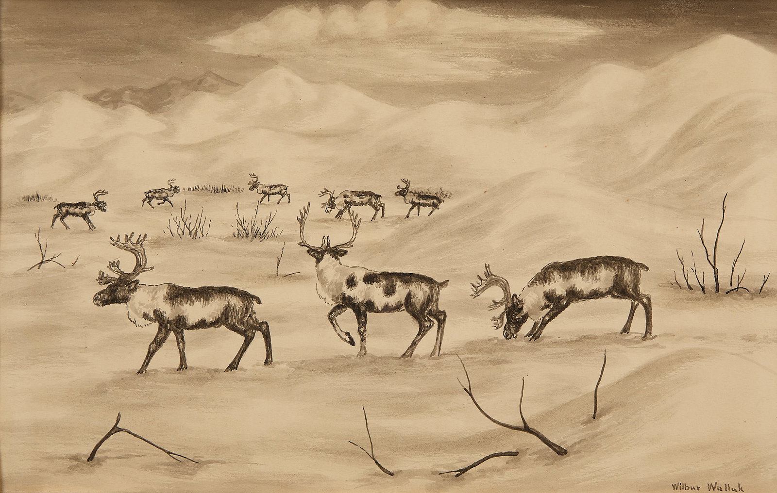 Wilbur Walluk Inuit Ink Painting of Caribou: Ink on paper painting depicting a herd of caribou or reindeer. Signed along the lower right. Height: 15 1/4 in x width: 19 in x depth: 1 in.