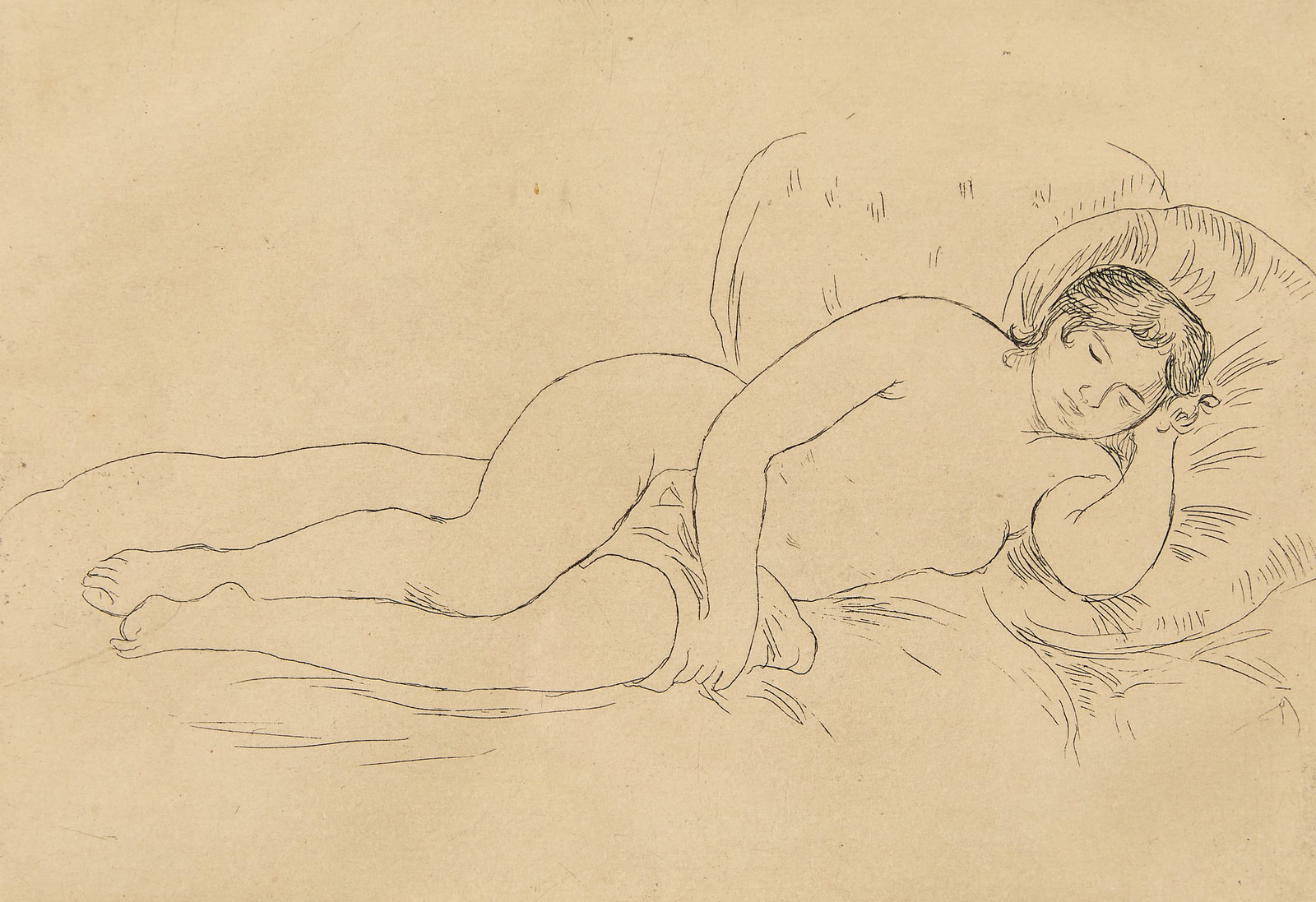 After Renior "Femme Nue Couchee" Etching: After Pierre-Auguste Renoir (French, 1841-1919). Etching on paper titled "Femme nue couchee (Gabrielle)," depicting a lounging, nude woman. Height: 13 in x width: 15 in x depth: 3/4 in.