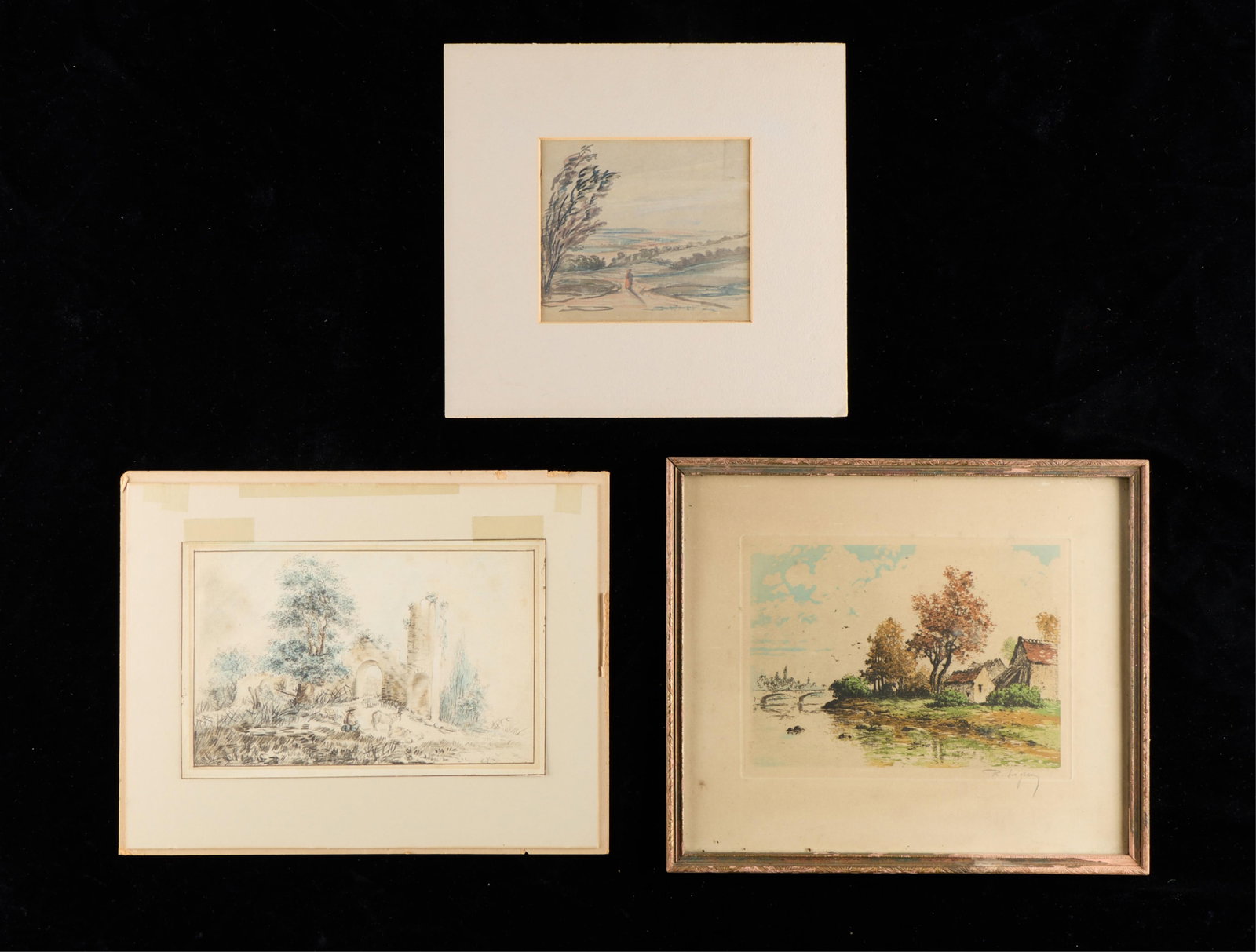 3 Antique Landscape Paintings: Group of three antique landscape watercolor paintings. The framed work signed illegibly "R. Lige??" along the lower right; one of the landscapes signed faintly along the lower edge. Height ranges
