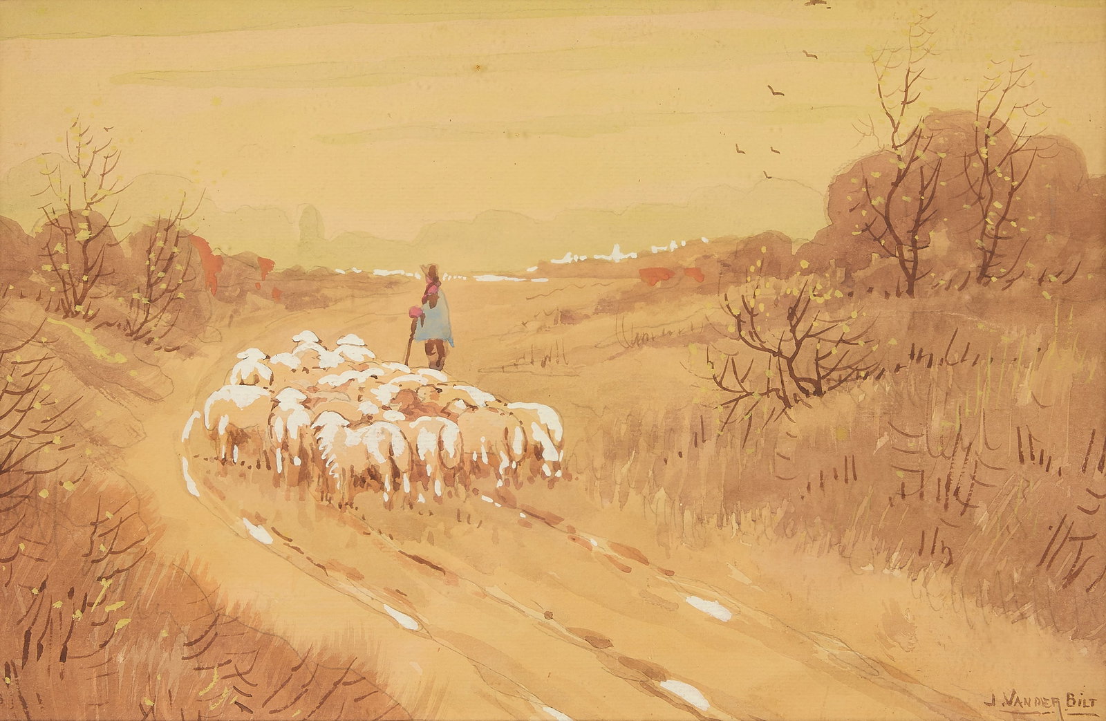 Jacob Vanderbilt "Flock of Sheep" Painting: Jacob Vanderbilt (American, 20th century). Watercolor painting with pencil and gouache depicting a shepherd with his flock of sheep. Signed along the lower right. Height: 14 3/4 in x width: 20 3/4 in