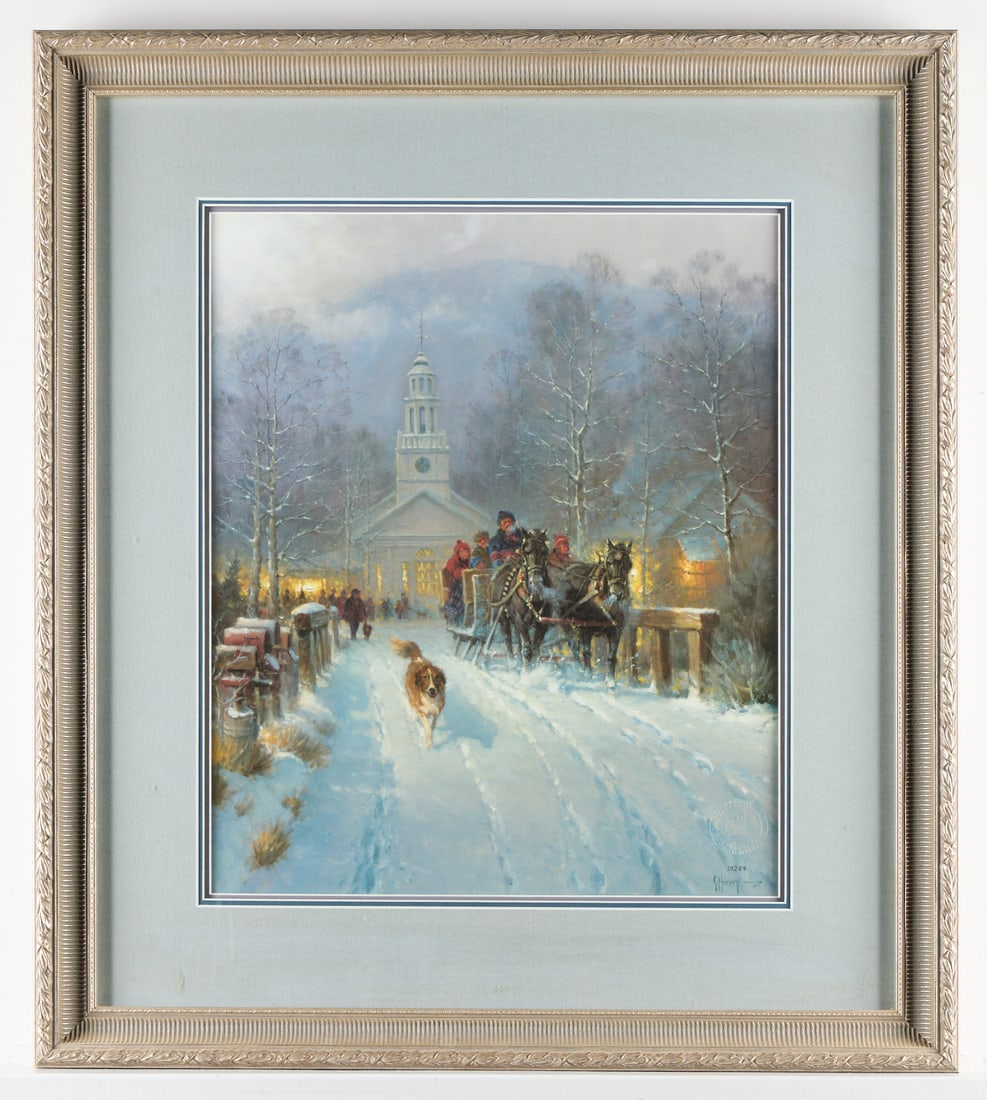 G. Harvey "Christmas in the Village" Lithograph: Gerald Harvey lithograph titled "Christmas in the Village," depicting townsfolk exiting the church by horse-drawn sleigh alongside their dog on a snowy Christmas day. Signed, numbered 10284, and