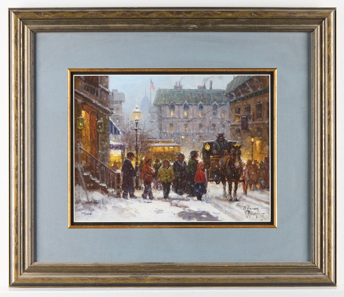 G. Harvey "Fresh Snow in the City" Lithograph: Gerald Harvey lithograph titled "Fresh Snow in the City," depicting townsfolk enjoying the fresh snowfall. Signed along the lower right. Editioned 143/250 AP along the lower left. Height: 23 in x widt