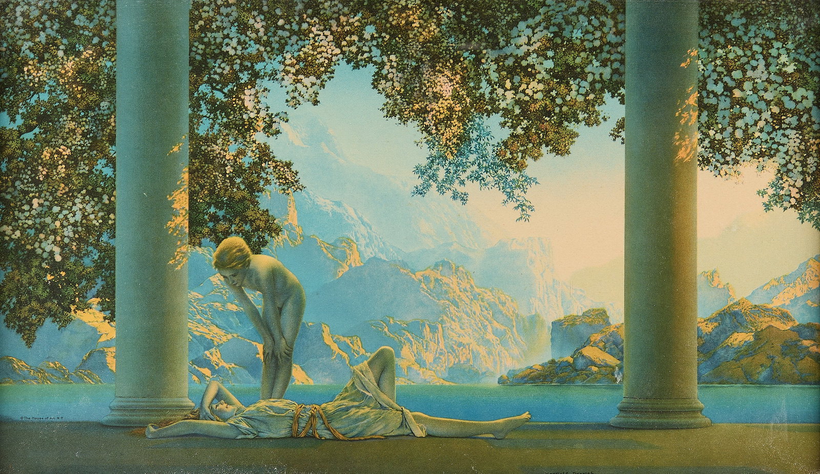 Maxfield Parrish "Daybreak" Lithograph: Maxfield Parrish (American, 1870-1966). Lithograph print on paper titled "Daybreak," published by The House of Art, New York. Depicting two female figures resting between two Grecian-style columns wit