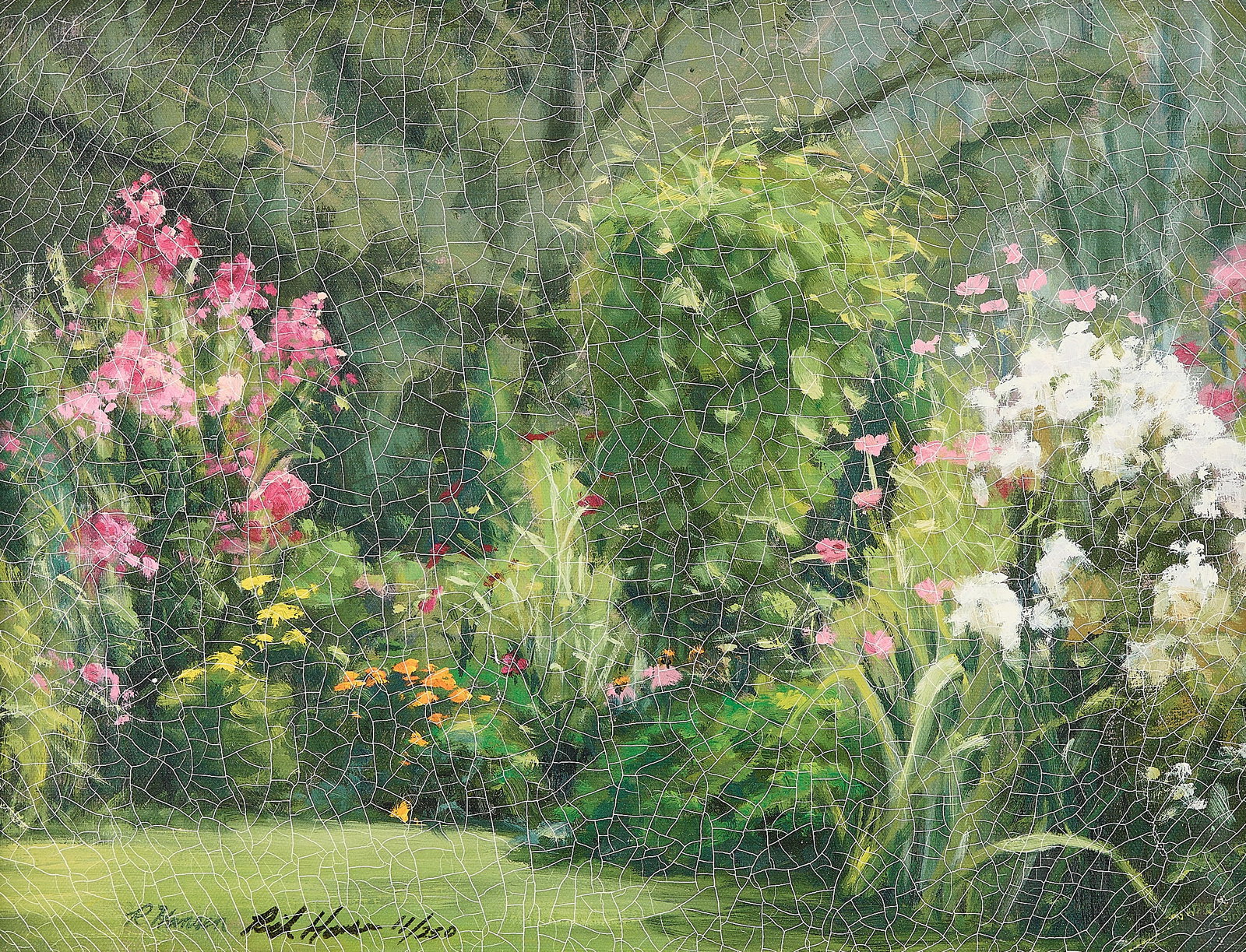 Rick Hanson Floral Landscape Giclee: Giclee print on canvas depciting a verdant landscape with flowers. Signed twice and editioend 11/250 along the lower left. Height: 17 1/4 in x width: 21 1/4 in x depth: 1 1/2 in.