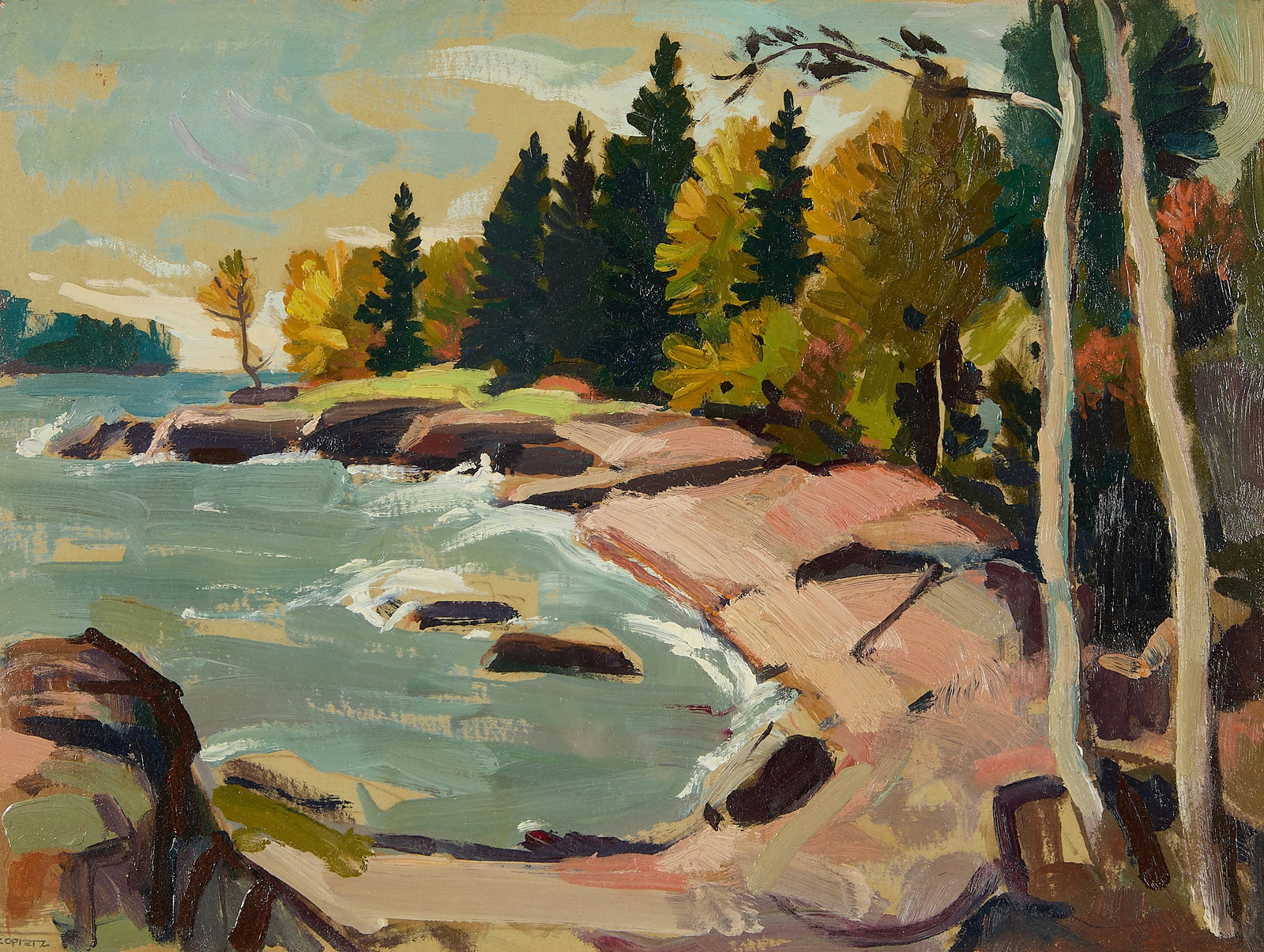 Edward Kopietz "North Shore, Elvings Resort" Oil Painting: Edward Kopietz oil on board painting depicting a serene shoreline landscape titled "North Shore, Elvings Resort (Beyond Two Harbors 10 Miles)," 1961. Pencil signed along the lower left. Titled and