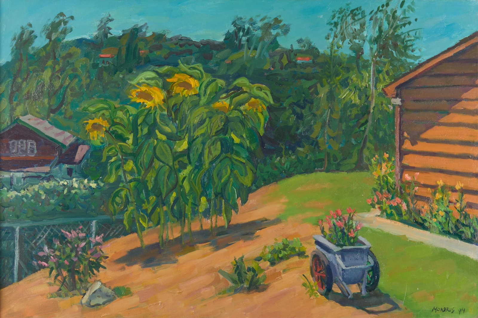 Martin Mondrus Oil on Canvas Landscape Painting 1994: Martin Mondrus oil on canvas landscape painting depicting a lush and sunny outdoor scene with sunflowers, a rustic structure, and a blue cart in the foreground, 1994. Signed and dated '94 along the