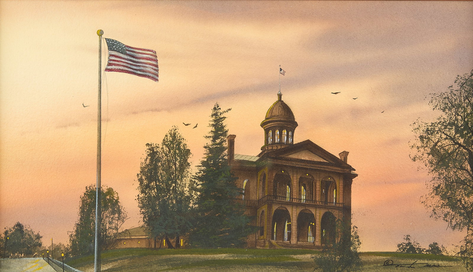 Tim Liess "Stillwater Courthouse" Watercolor Painting: Watercolor on paper painting depicting a landscape with courthouse. Signed along the lower right. Height: 22 in x width: 28 in x depth: 1 1/2 in.
