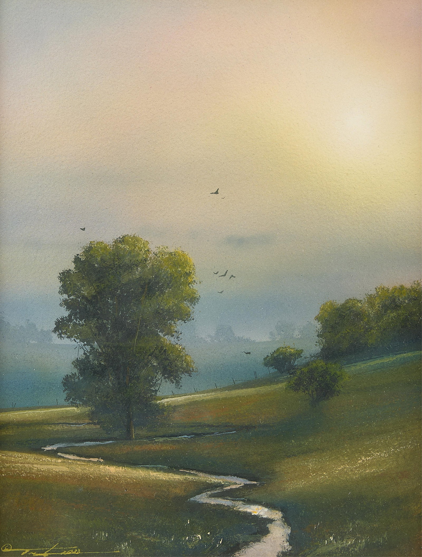 Tim Liess "Simplicity" Watercolor Painting: Watercolor on paper painting titled "Simplicity" depicting a serene landscape. Signed along the lower left of the sheet. Titled and further signed along the lower half of the frame. Height: 24 in x