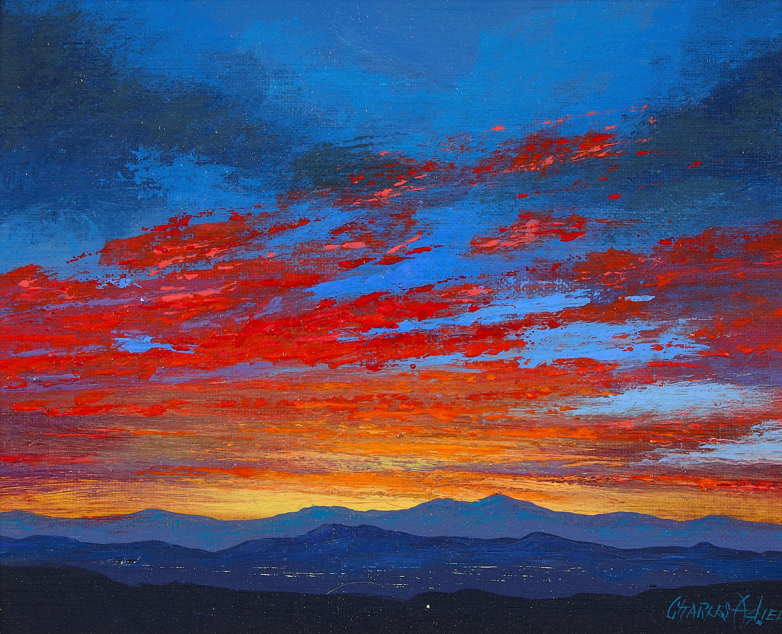 Charles Azbell "Santa Fe Sunset" O/C Painting: Charles Azbell (American, b. 1954). Oil on canvas-laid board painting depicting a vibrant Santa Fe sunset. Signed along the lower right. Further signed along the verso. Height: 16 1/2 in x width: 18