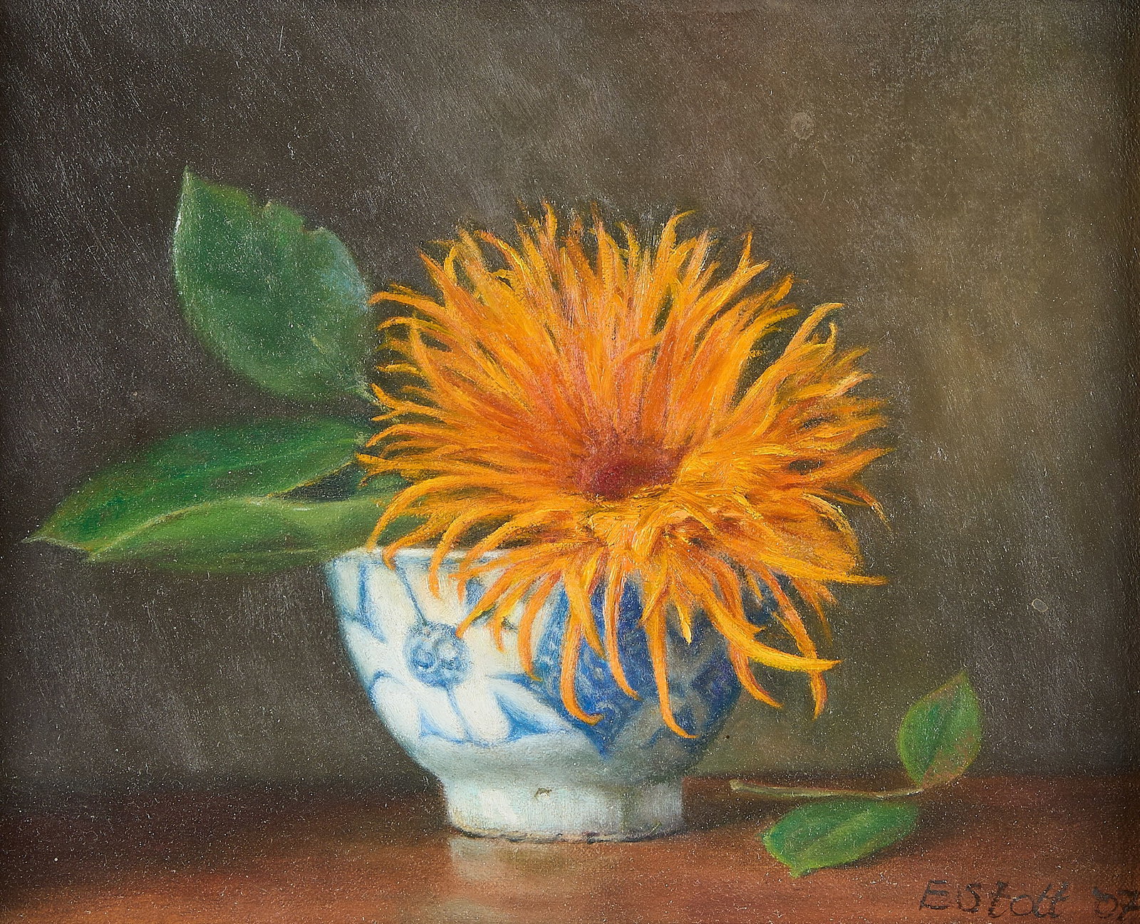 Elaine Stolt O/B Floral Still Life Painting: Oil on board painting depicting a still life with a blooming zinnia or gerbera daisy. Signed and dated 2007 along the lower right corner; further signed and dated along the verso. Height: 14 in x