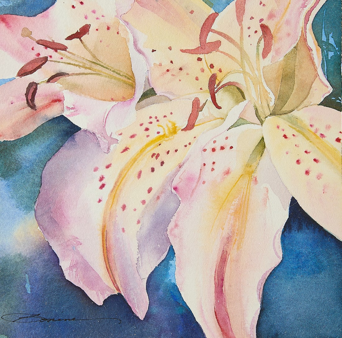 Jeanne Bonine Watercolor Lily Painting: Watercolor on paper painting depicting a lily. Ink signed along the lower left. Height: 18 in x width: 18 in x depth: 2 in.