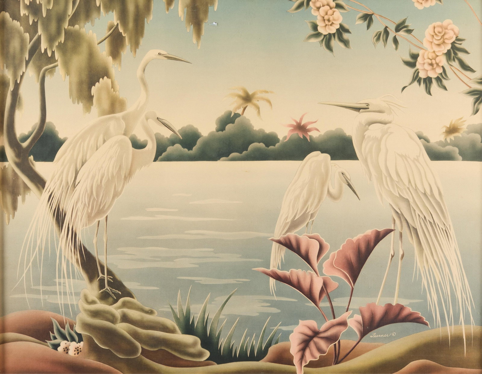 Turner Mfg Co. MCM Florida Egrets Lithograph Art Print: Turner Manufacturing Company, Chicago. American mid-century modern lithograph art print depicting a tropical or Floridian scene with egret birds. Printed "Turner" along the lower right. Height: 26 1/2