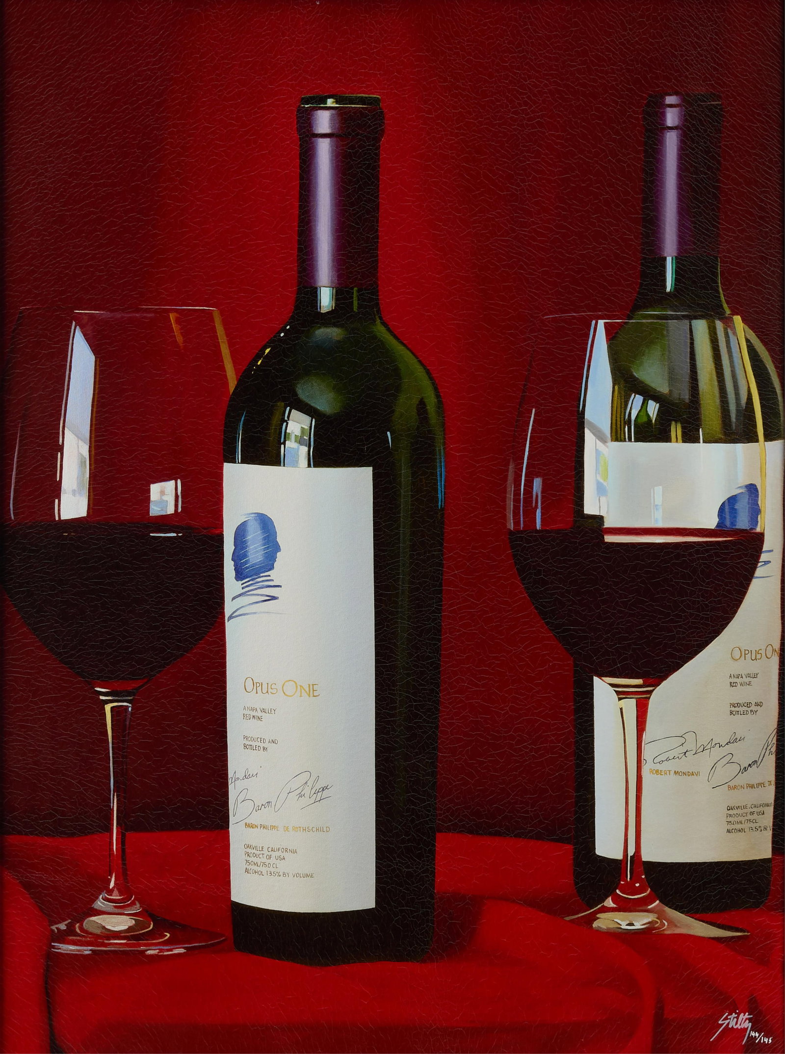 Thomas Stiltz "A Toast to Opus" Giclee: Giclee on canvas depicting a still life with two "Opus One" red wine bottles and wine glasses. Signed and numbered 144/145 along the lower right. With Certificate of Authenticity. Height: 44 1/4 in x