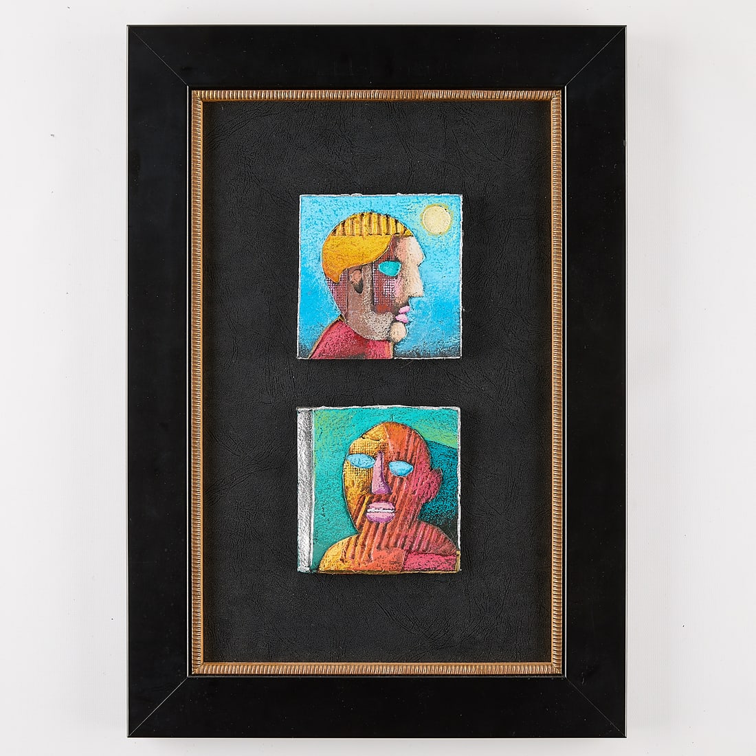 2 R. Chapman Mixed Media Abstract Cubist Portraits: Two mixed media abstract and cubist portraits. The upper portrait titled "Blonde at Noon"; the lower portrait titled "11:40 in the Shade." Each work signed along the extreme right edge; titled along